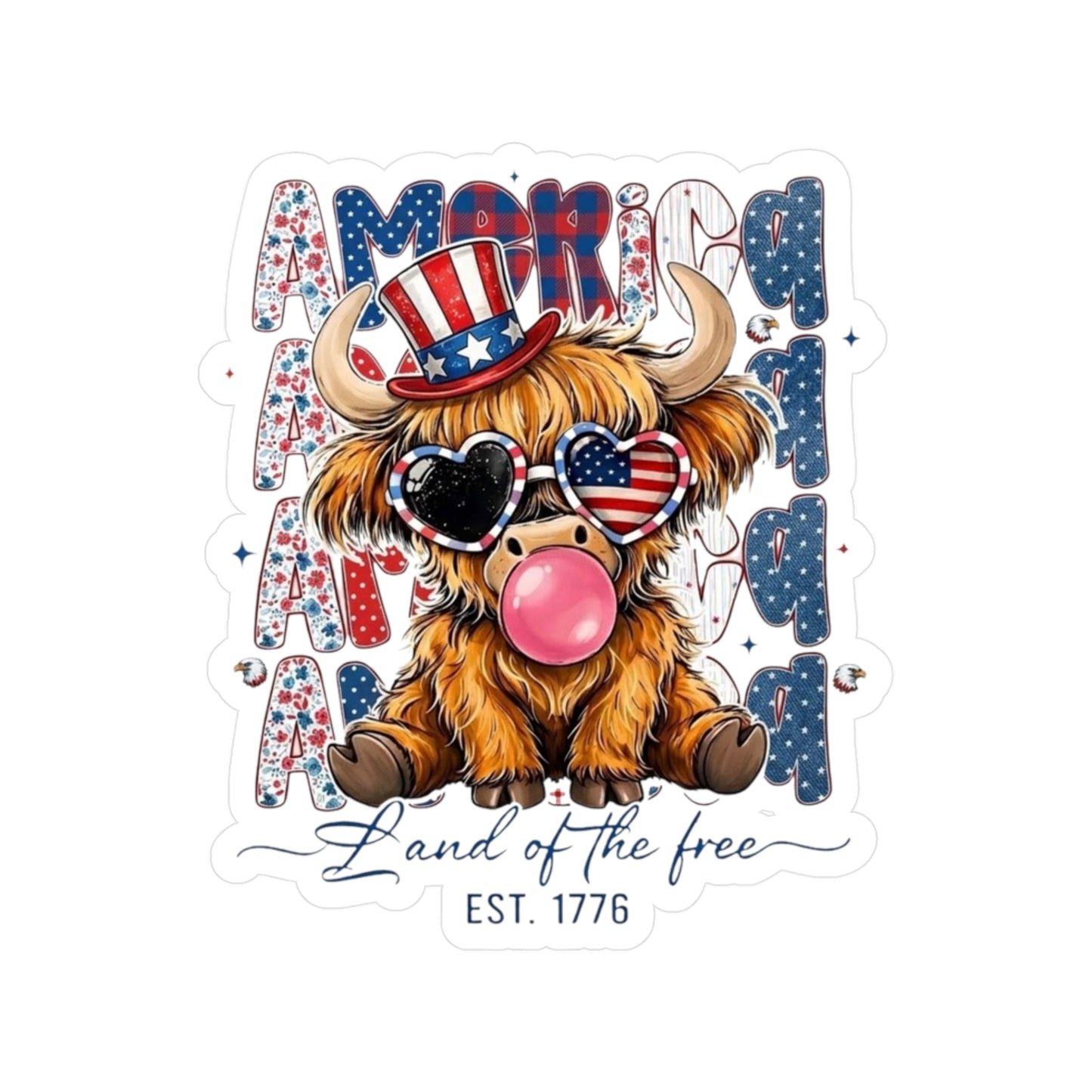 #250 American Flag Bubblegum Patriotic Highland Cow Vinyl Sticker Kiss-Cut Decal (Fourth of July)