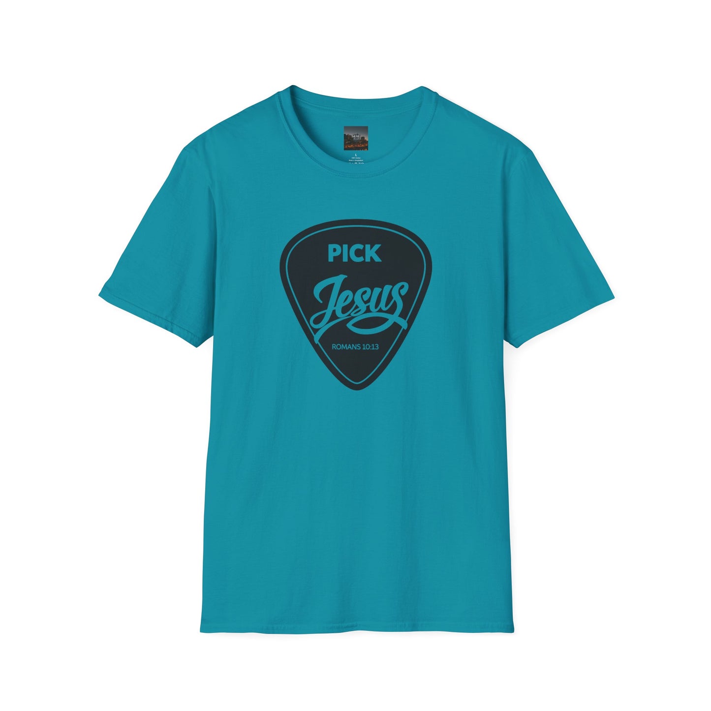 Pick Jesus T-Shirt — Christian Guitar Pick Design (Romans 10:13)