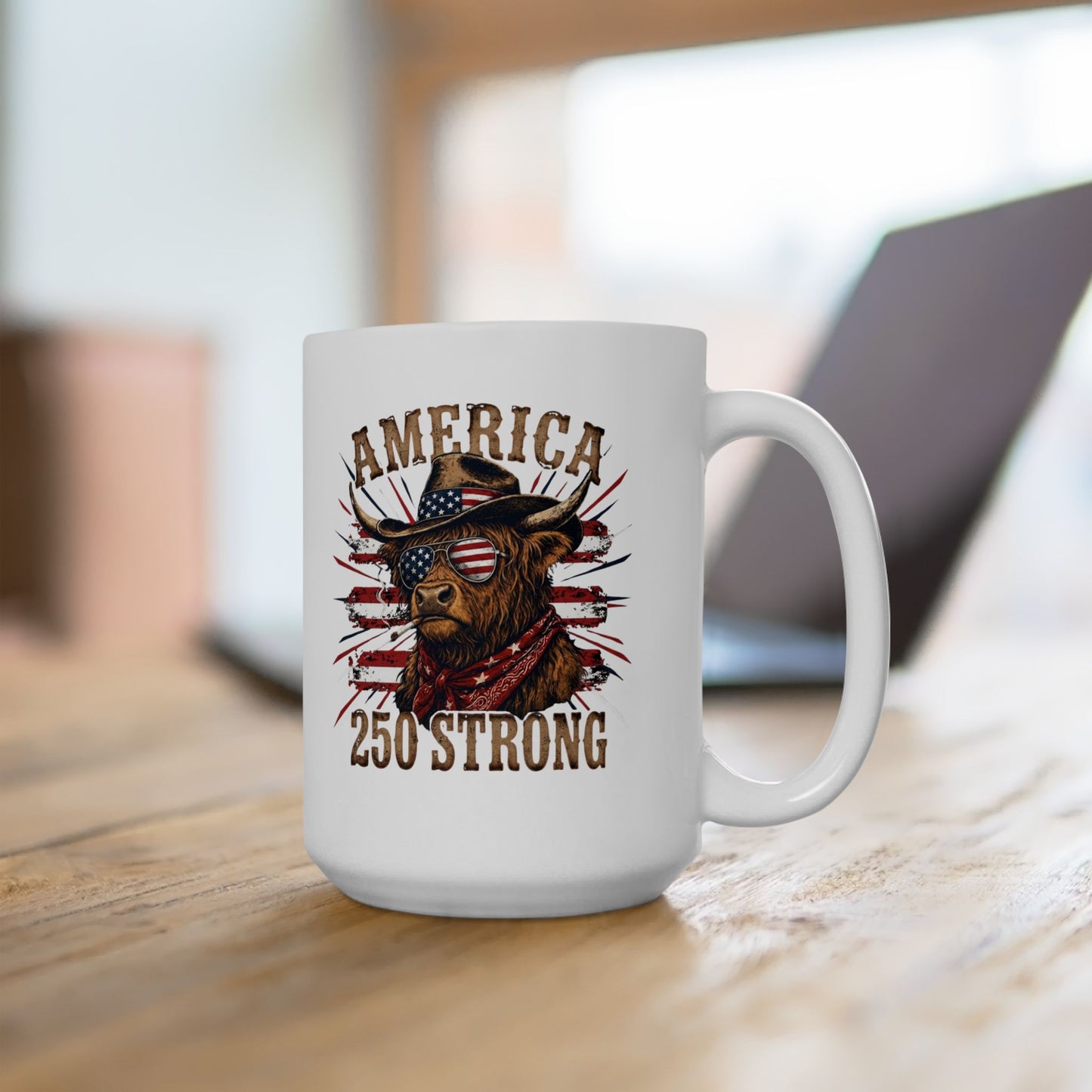 #250 America 250 Strong Patriotic Bull with American Flag Ceramic Mug - 11oz & 15oz