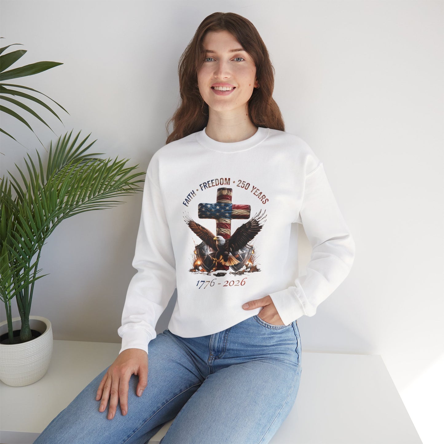 #250 Faith • Freedom 250 Years American Flag Cross & Eagle 1776-2026 Crewneck Sweatshirt