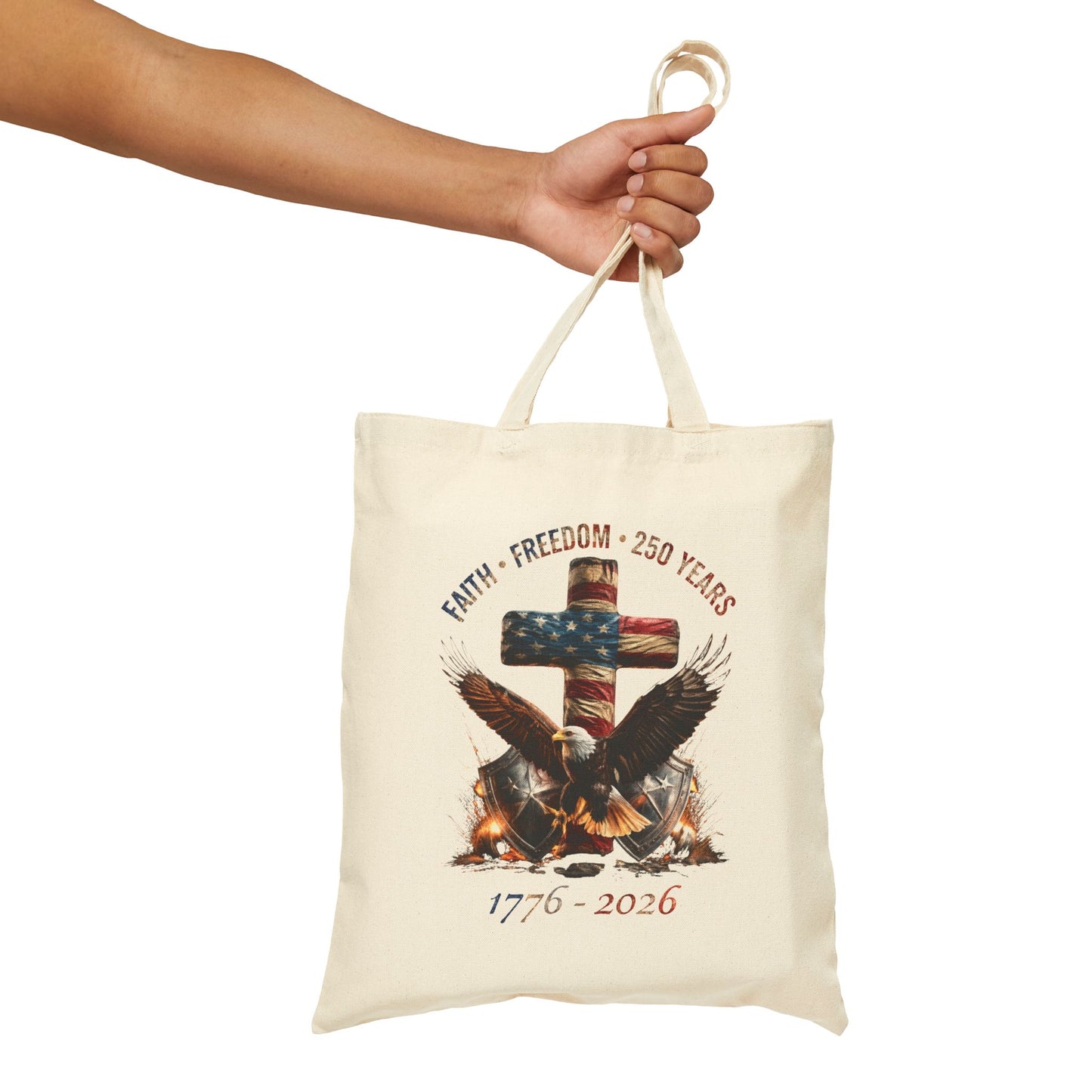 #250 Faith • Freedom 250 Years American Flag Cross & Eagle 1776-2026 Canvas Tote
