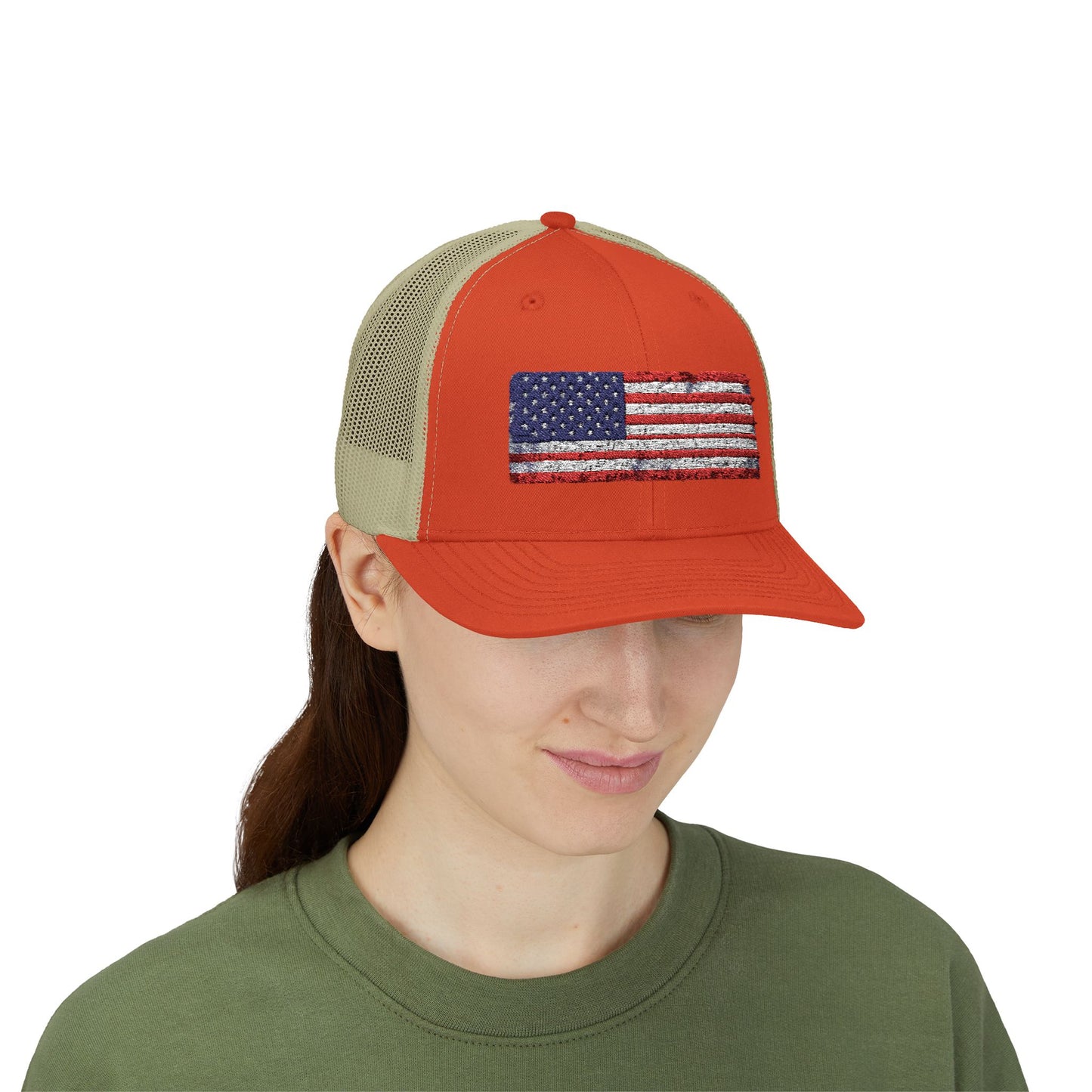 #250 Distressed American Flag Snapback Trucker Cap