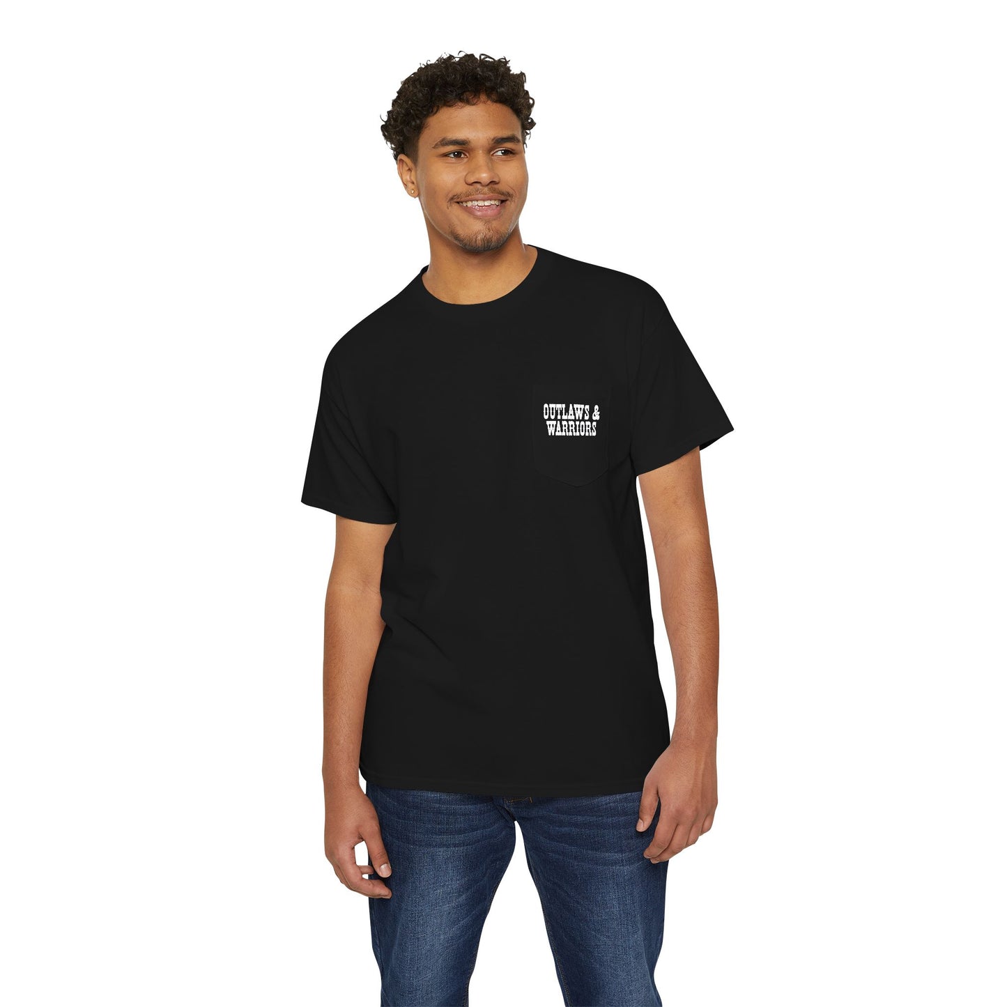 Outlaws & Warriors 100% Cotton Pocket T-Shirt — Minimal Pocket Logo with Graphic On Back