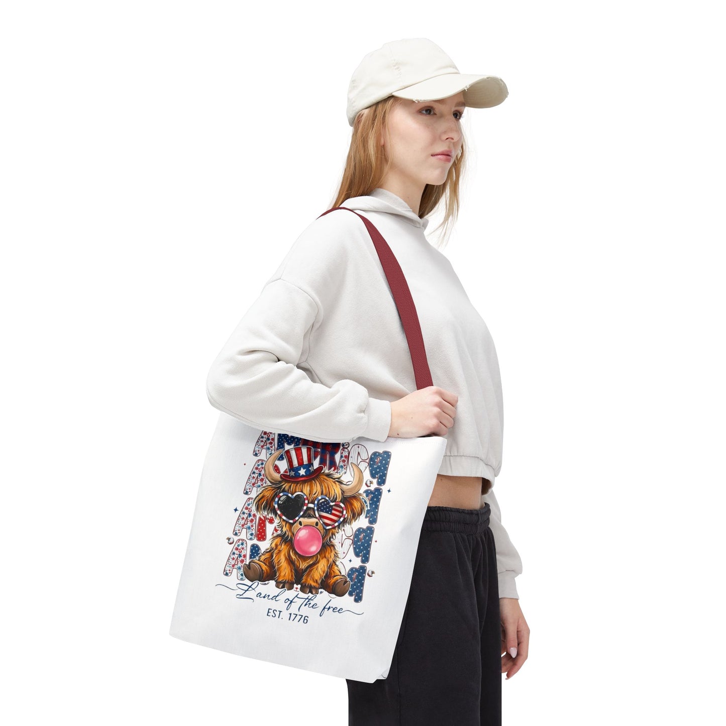 #250 American Flag Bubblegum Patriotic Highland Cow Tote Bag
