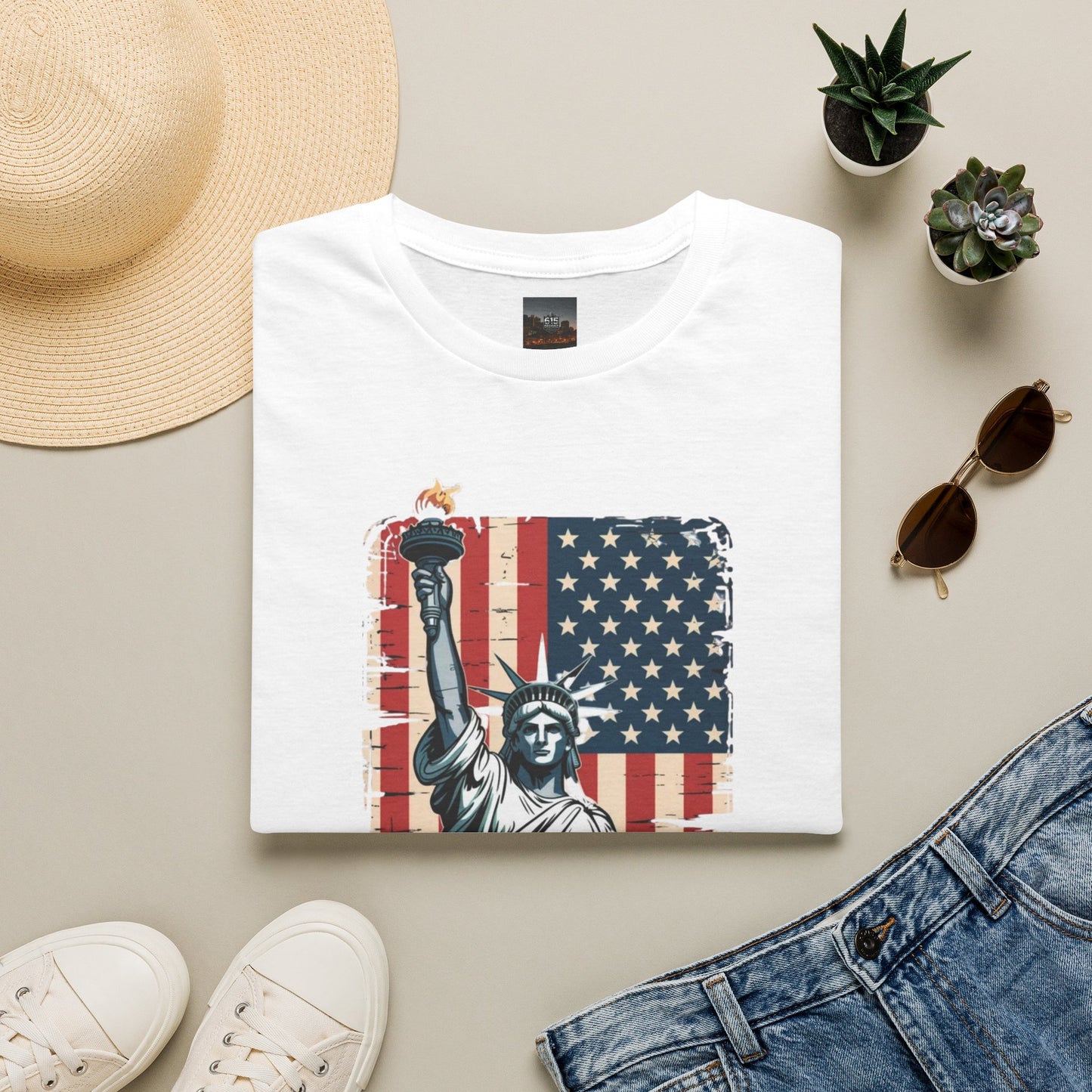 #250 Statue of Liberty American Flag 'America' Patriotic Independence Day T‑Shirt