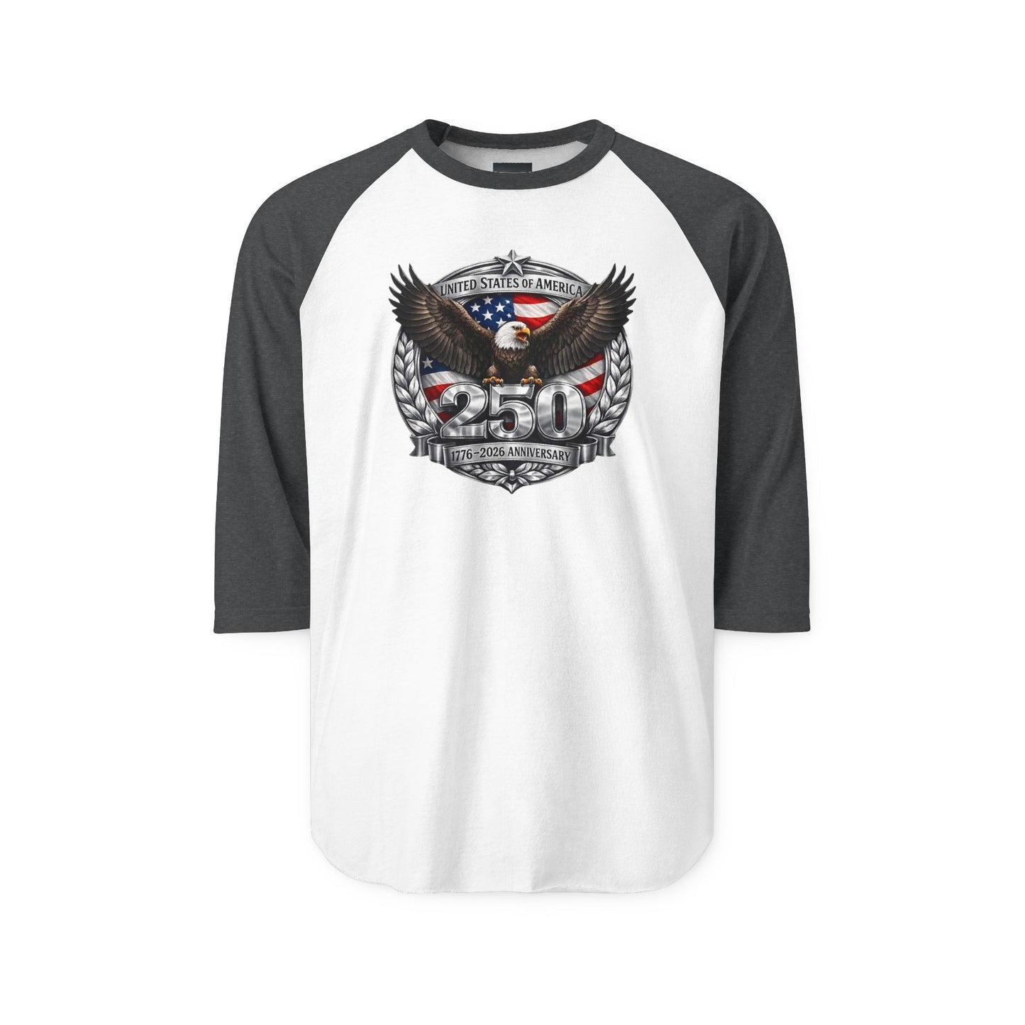 #250 Patriotic Bald Eagle 250 United States Emblem Raglan Shirt Baseball Tee