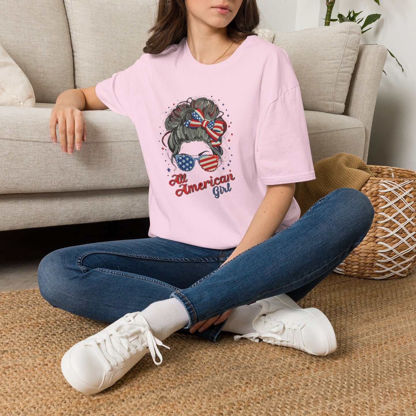 #250 "All American Girl" Patriotic Messy Bun T-Shirt