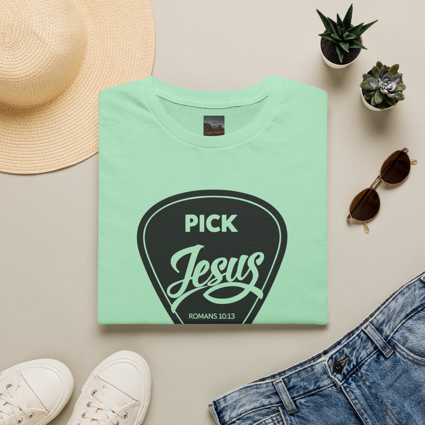 Pick Jesus T-Shirt — Christian Guitar Pick Design (Romans 10:13)
