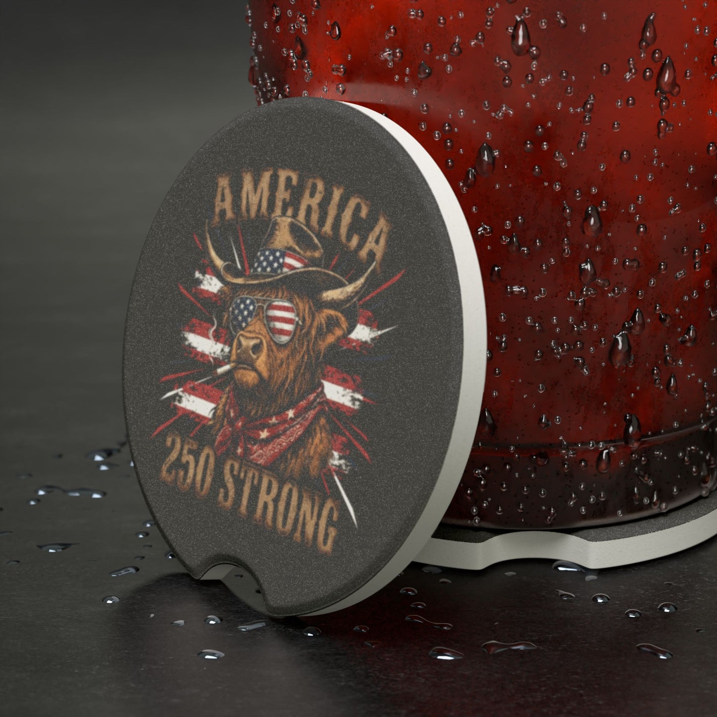 #250 America 250 Strong Patriotic Bull with American Flag Soapstone Car Coaster – Patriotic Independence Day Car Mug Holder