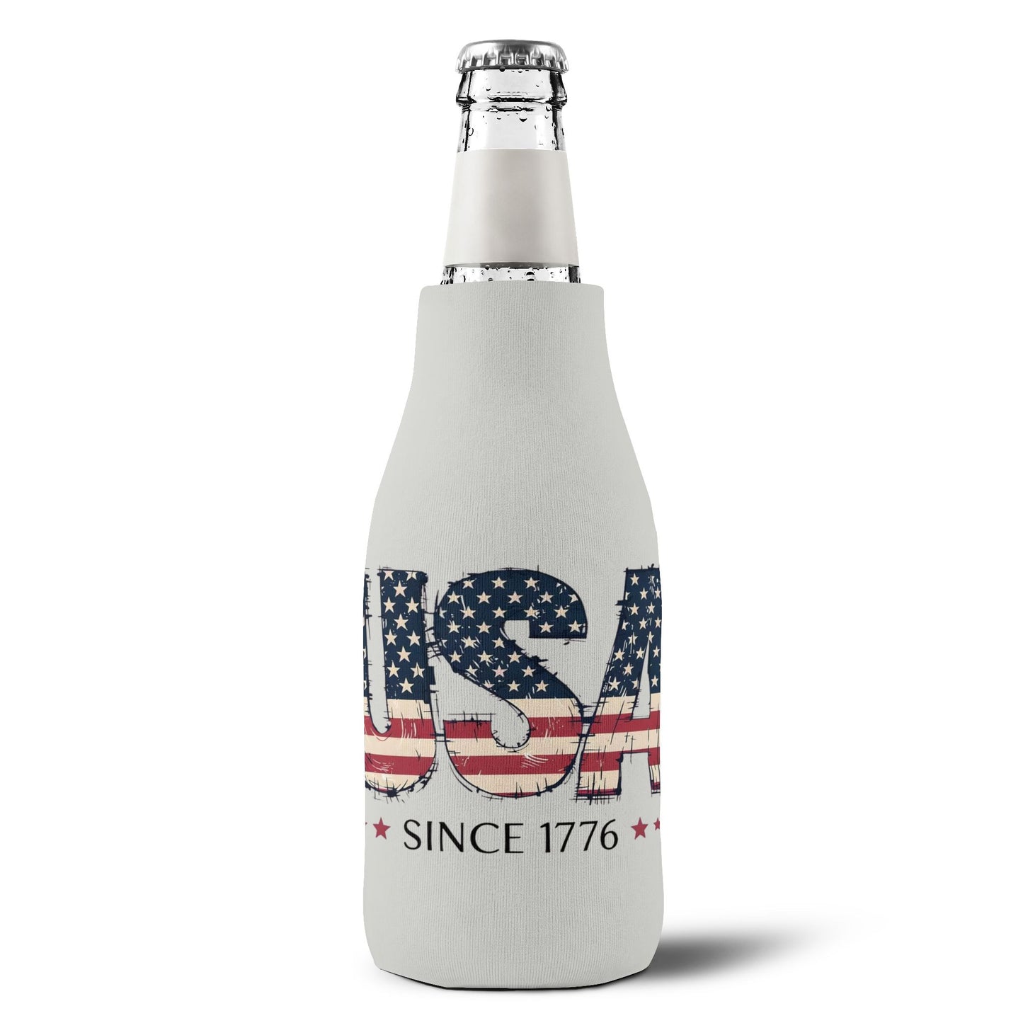 #250 USA Flag "USA Since 1776" Patriotic Zip-Up Bottle Cooler Sleeve Koozie