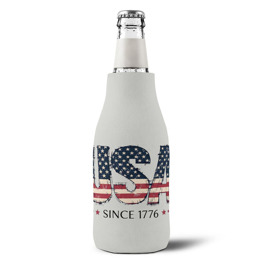 #250 USA Flag "USA Since 1776" Patriotic Zip-Up Bottle Cooler Sleeve Koozie