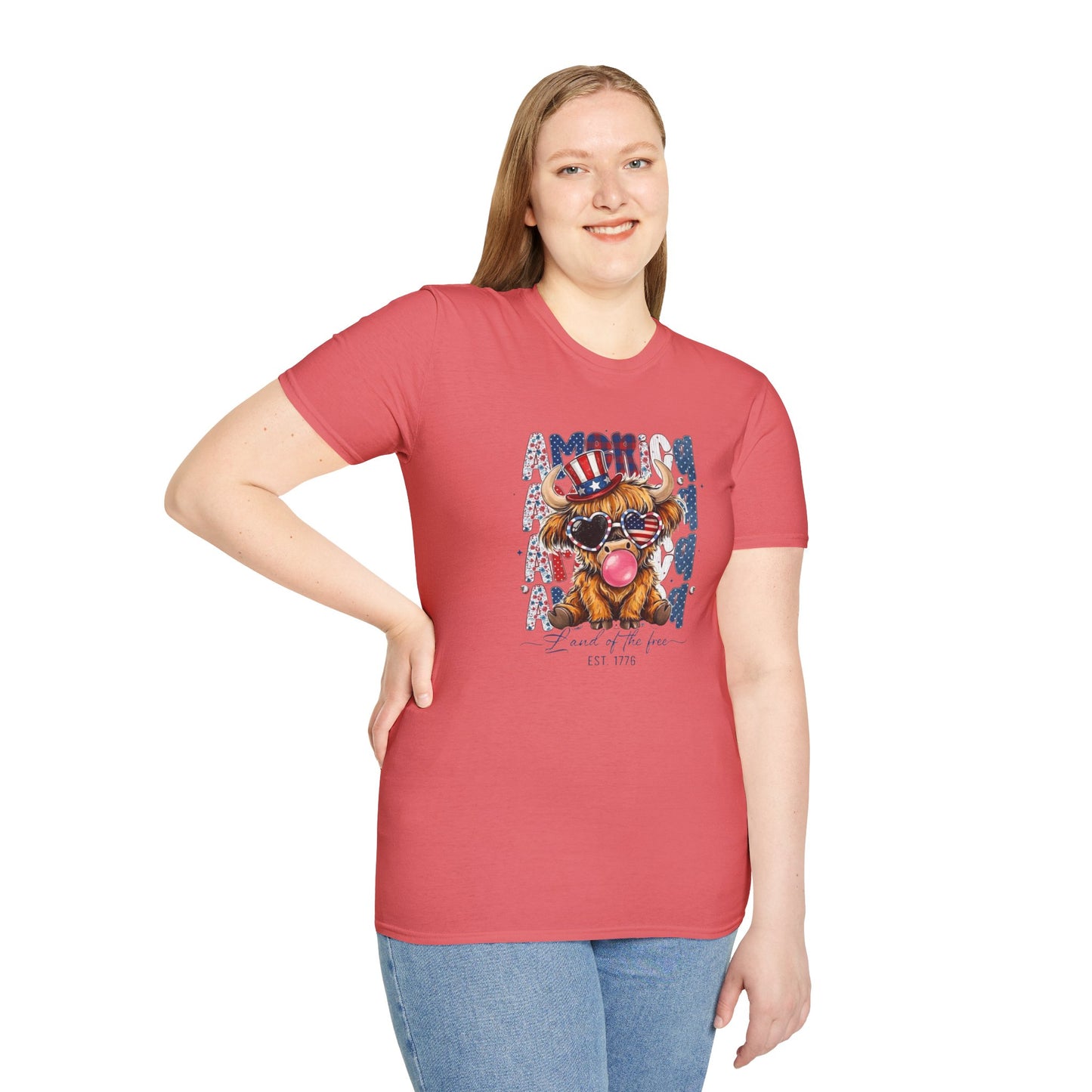 #250 American Flag Bubblegum Patriotic Highland Cow T-Shirt