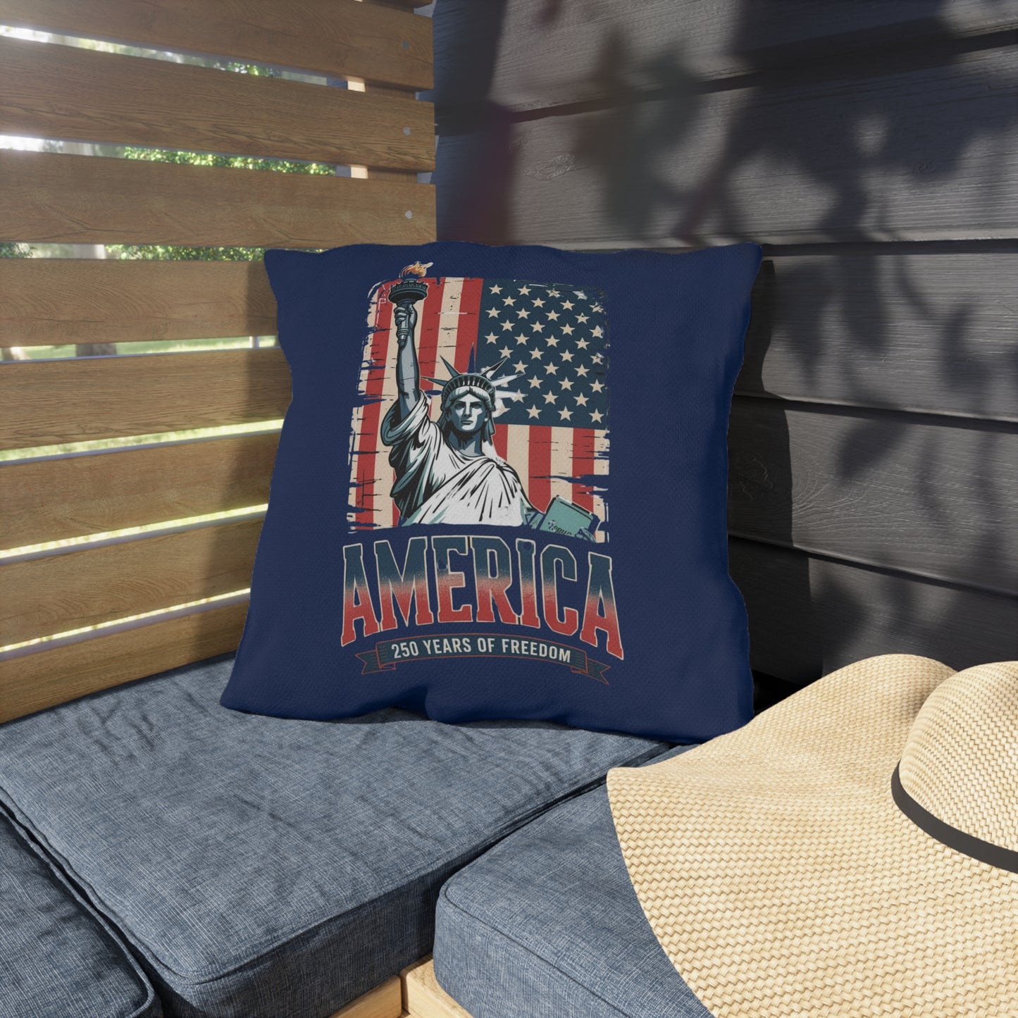 #250 Statue of Liberty American Flag 'America' Patriotic Independence Day Outdoor Throw Pillow