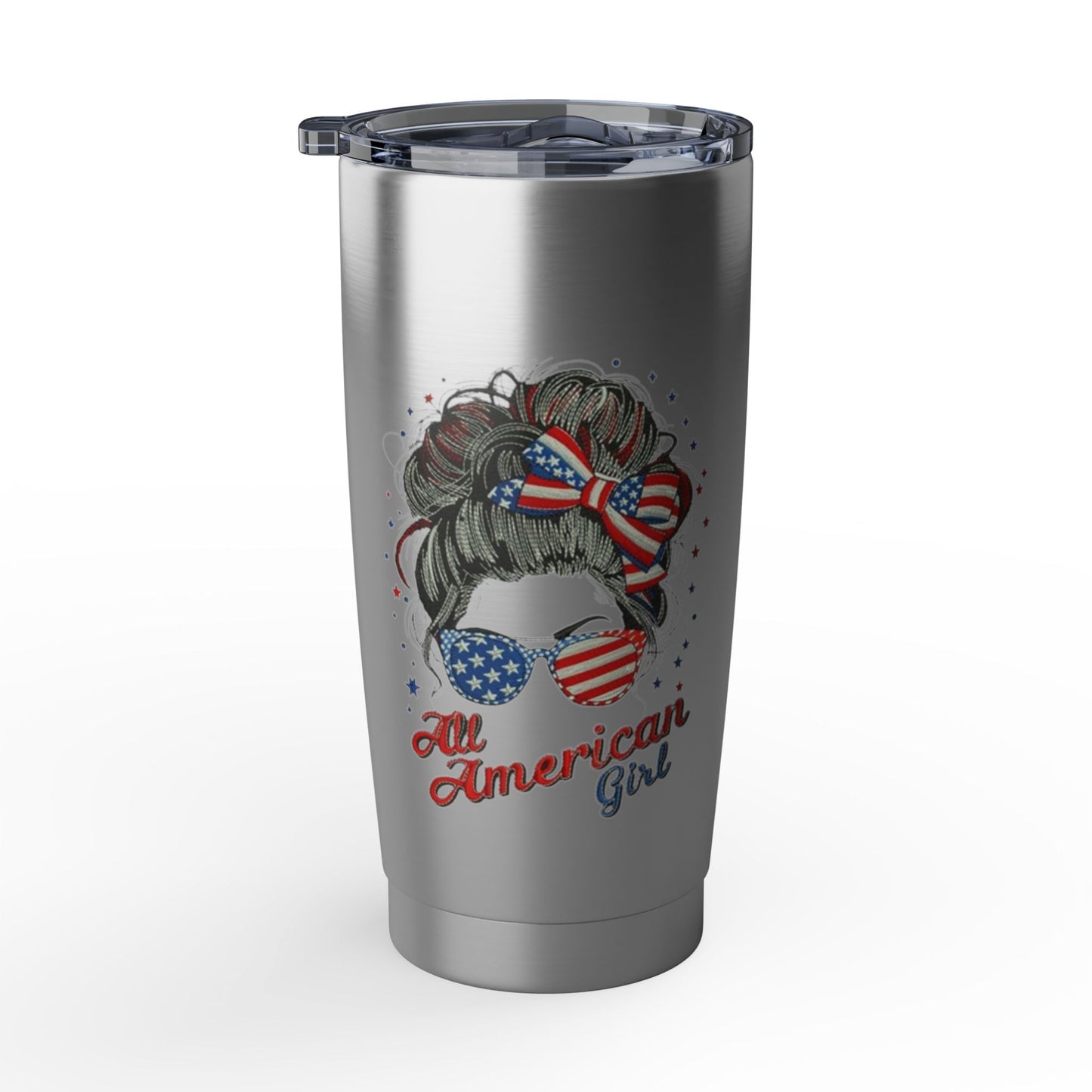 #250 "All American Girl" Patriotic Messy Bun 20oz Stainless Travel Tumbler 'Vagabond'