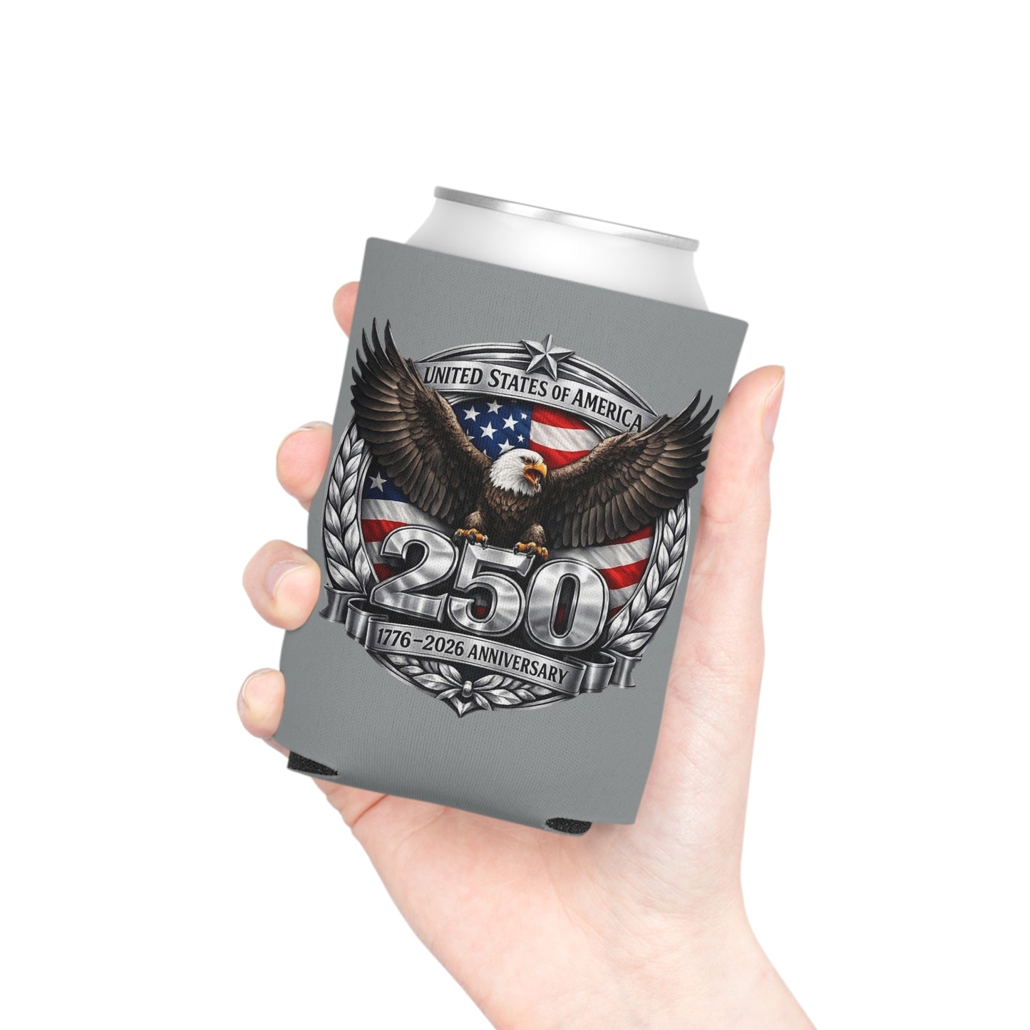 #250 Patriotic Bald Eagle 250 United States Emblem Can Cooler - Beverage Koozie