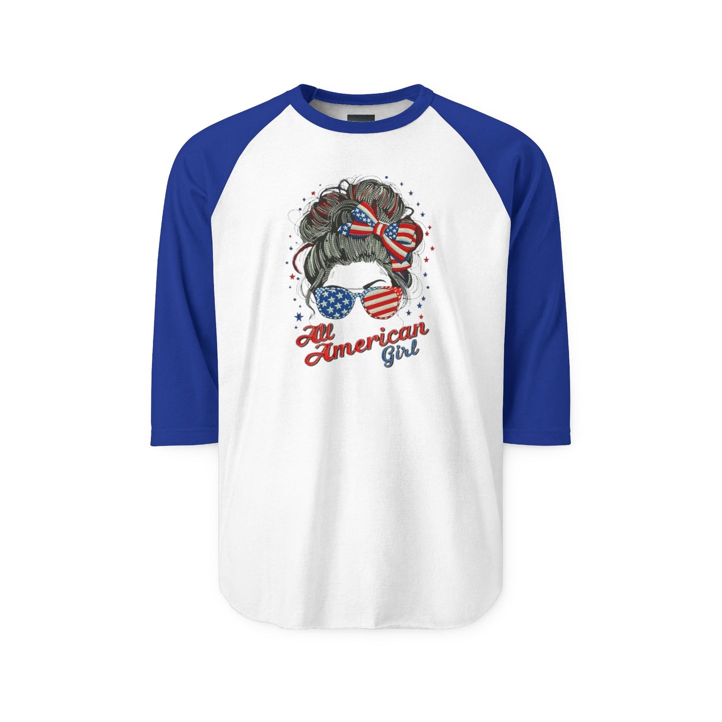 #250 "All American Girl" Patriotic Messy Bun Raglan 3/4 Sleeve Baseball Tee
