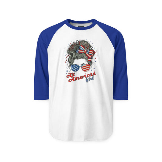 #250 "All American Girl" Patriotic Messy Bun Raglan 3/4 Sleeve Baseball Tee