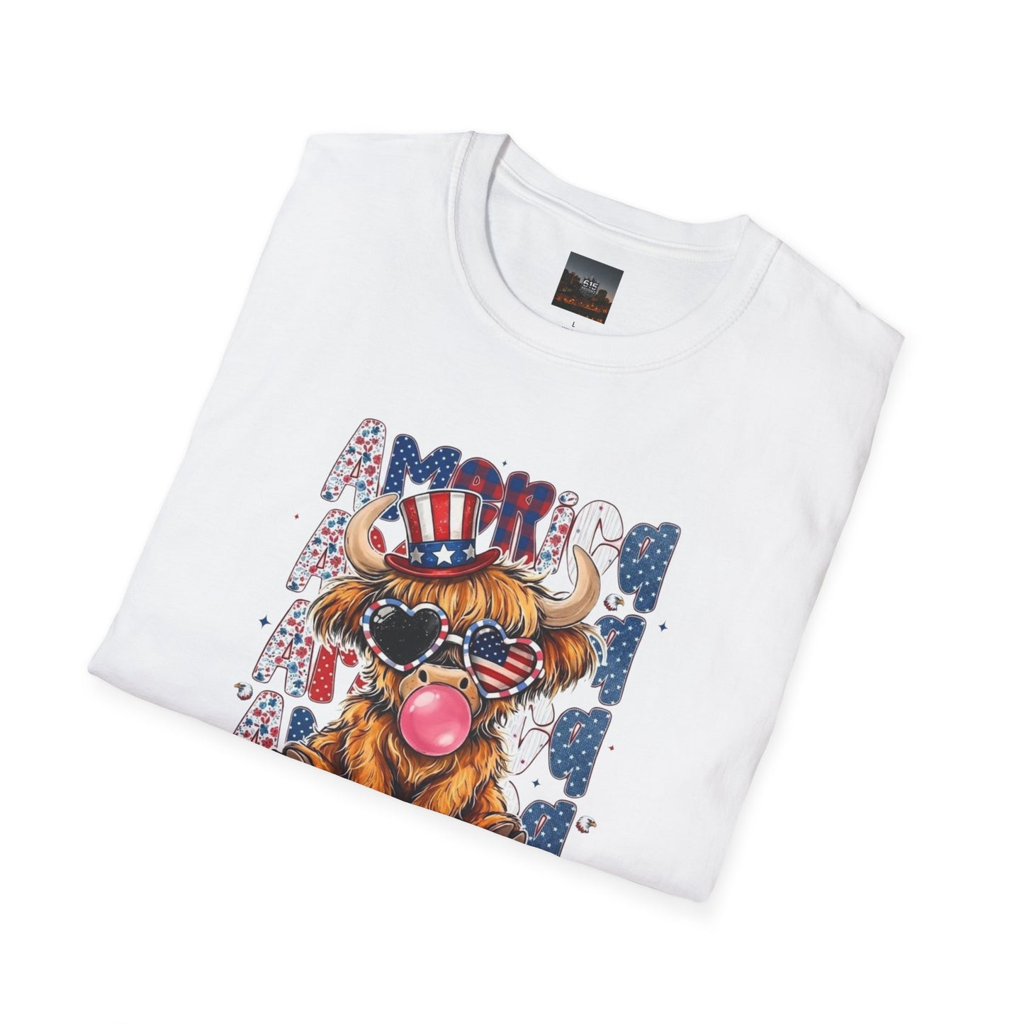 #250 American Flag Bubblegum Patriotic Highland Cow T-Shirt