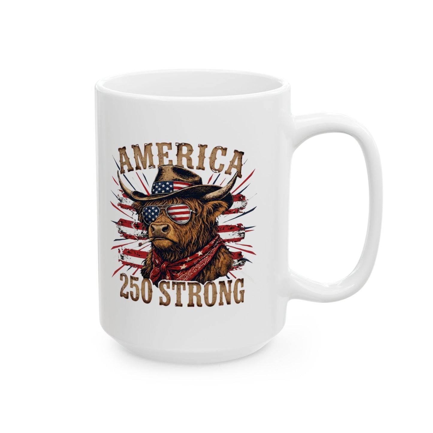 #250 America 250 Strong Patriotic Bull with American Flag Ceramic Mug - 11oz & 15oz