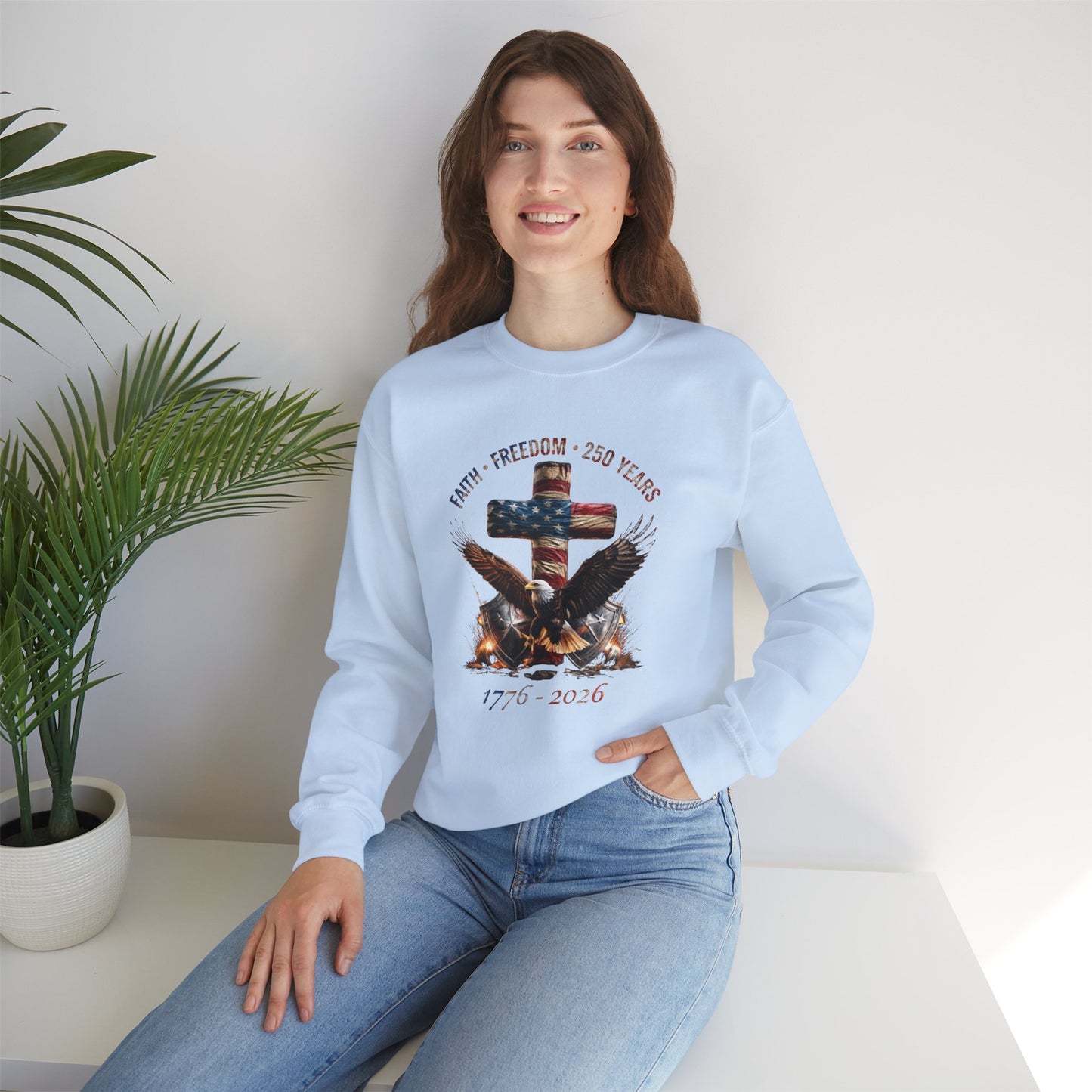 #250 Faith • Freedom 250 Years American Flag Cross & Eagle 1776-2026 Crewneck Sweatshirt