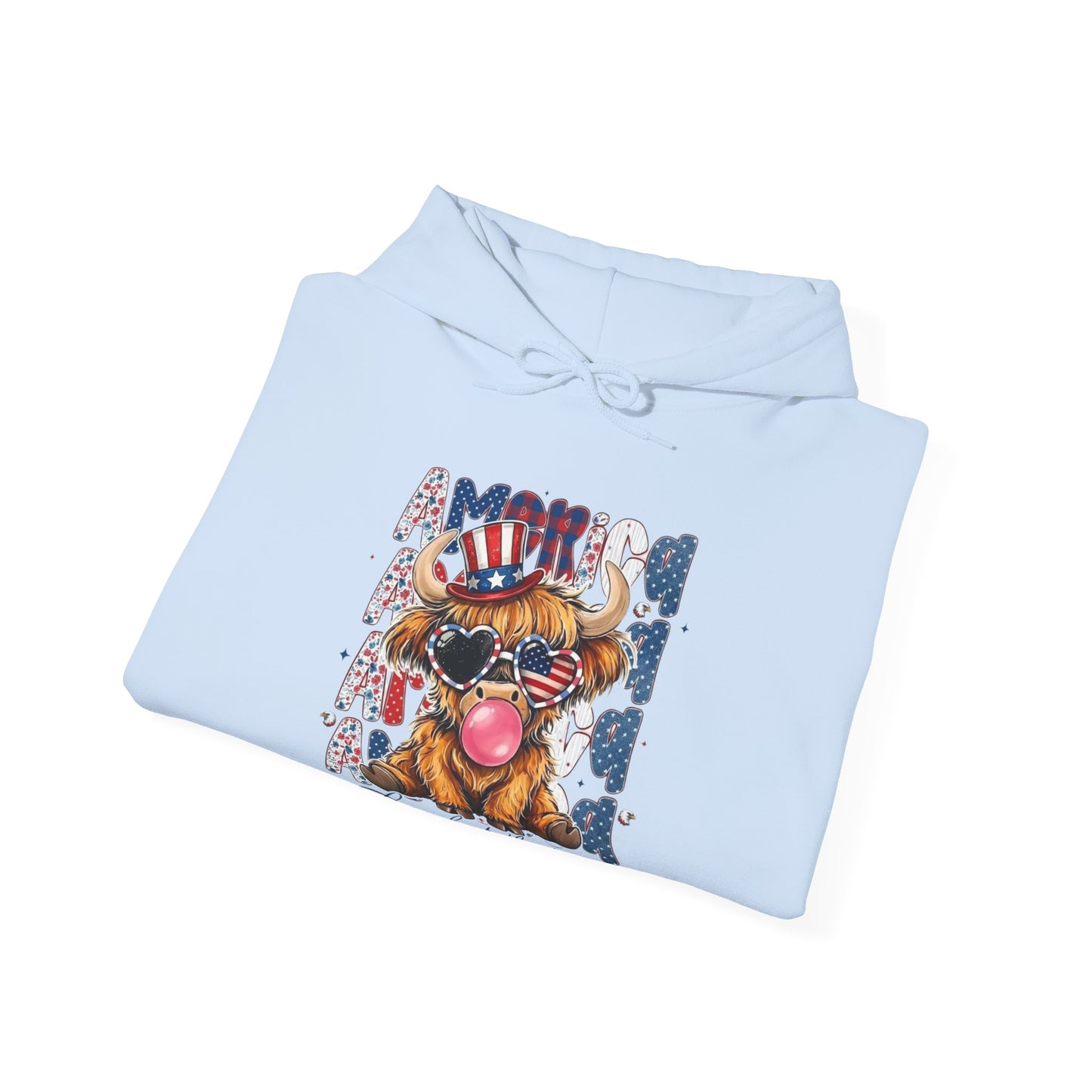#250 American Flag Bubblegum Patriotic Highland Cow Hoodie