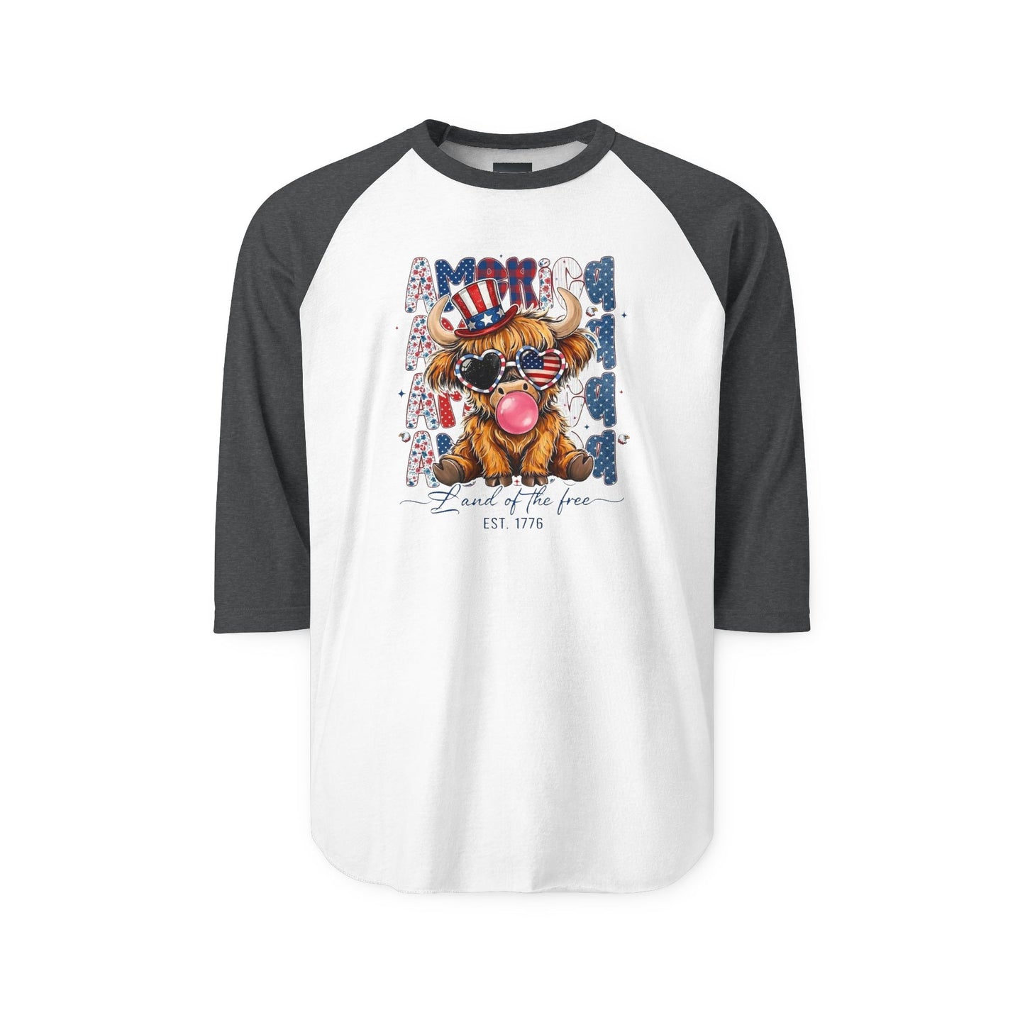 #250 American Flag Bubblegum Patriotic Highland Cow Raglan 3/4 Sleeve Baseball Tee