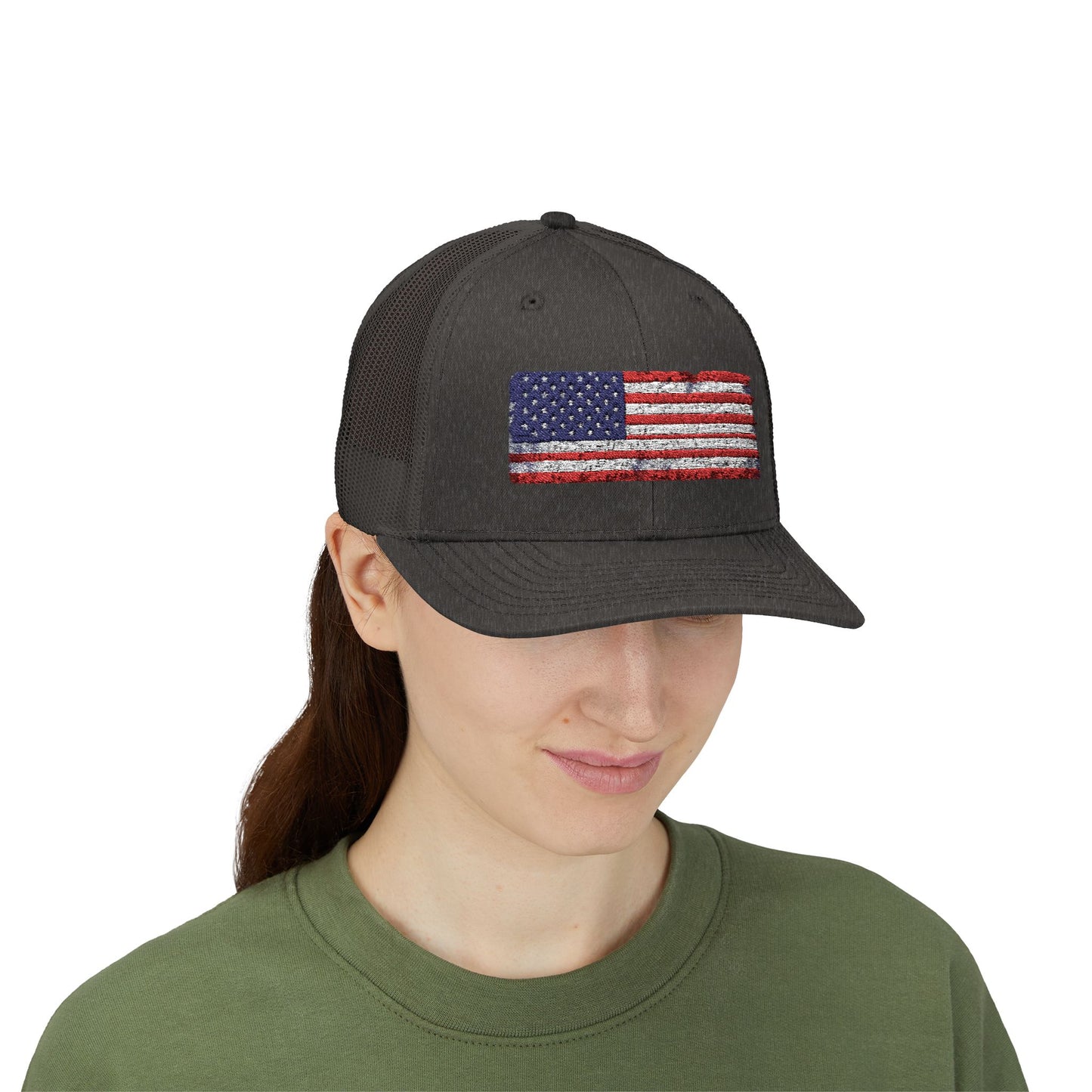 #250 Distressed American Flag Snapback Trucker Cap