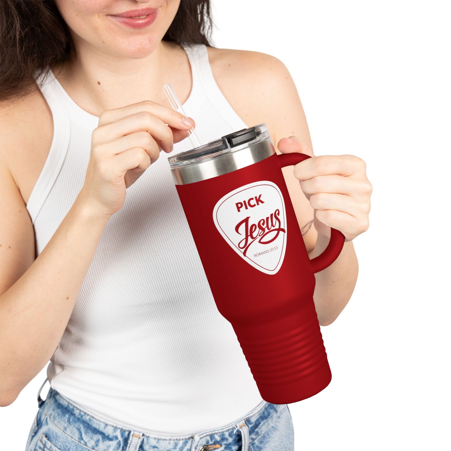 Pick Jesus Guitar Pick 40oz Christian Guitar Pick Design (Romans 10:13) Insulated Travel Mug