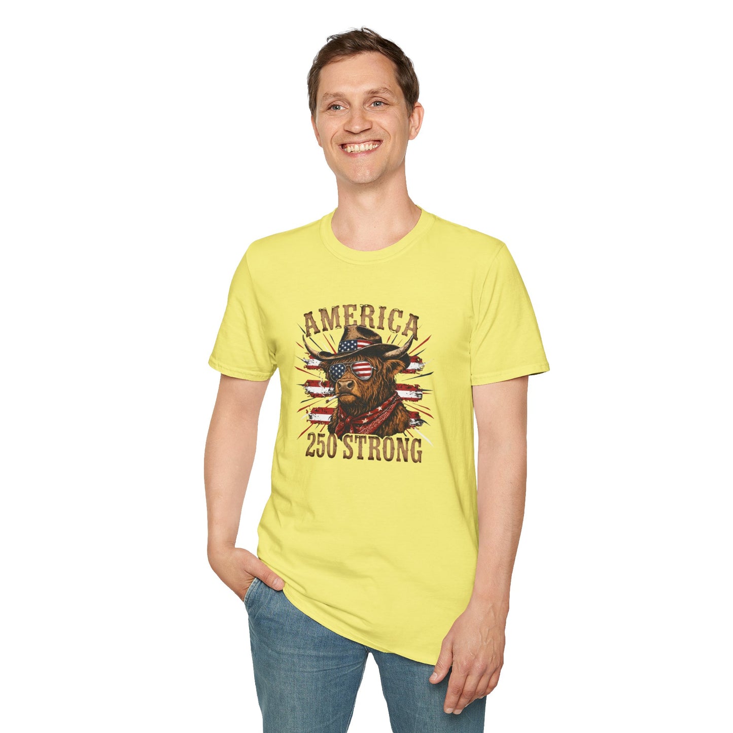 #250 America 250 Strong Patriotic Bull with American Flag T-Shirt