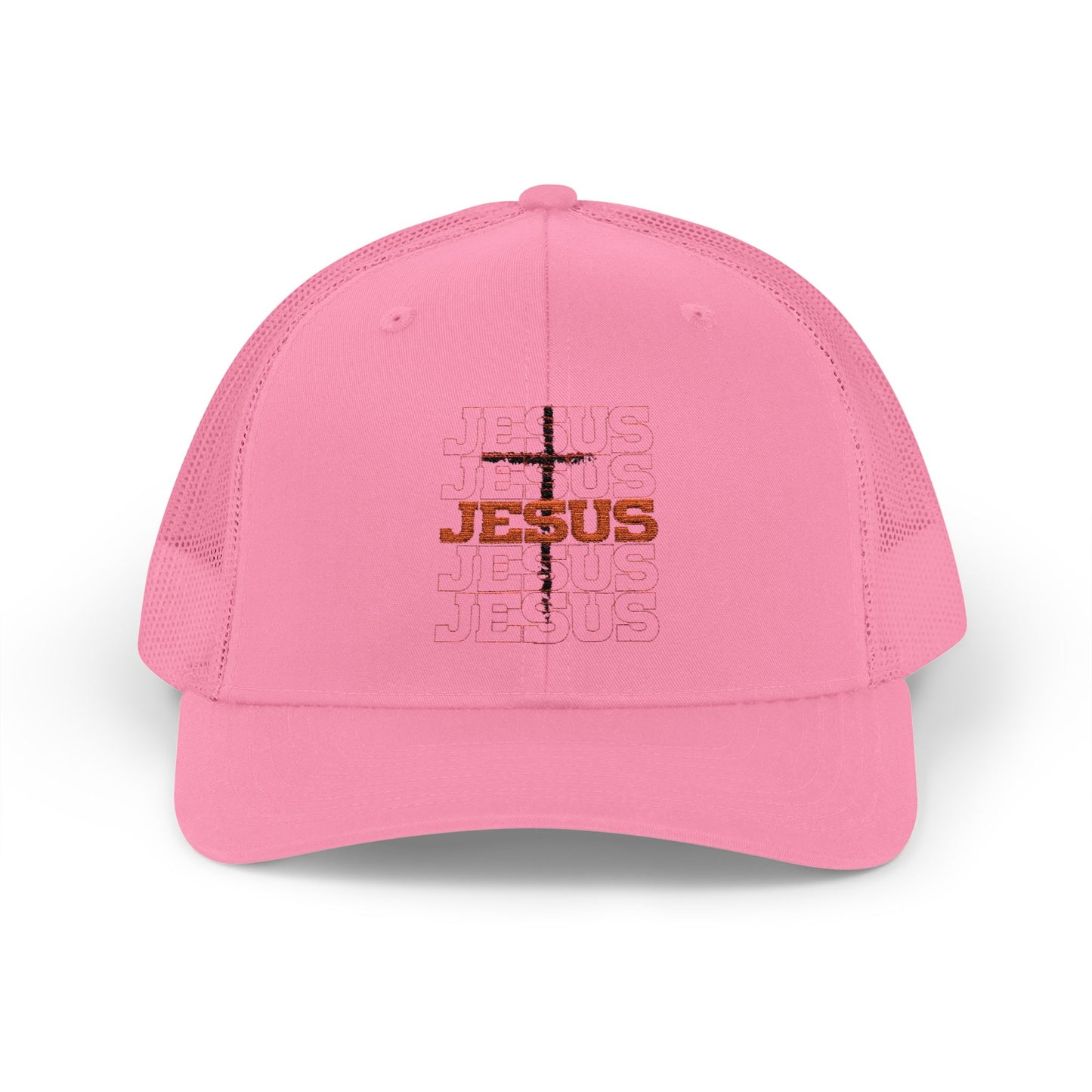 Jesus Cross Red Text Black Cross Graphic Trucker Cap — Faith-Based Snapback Hat