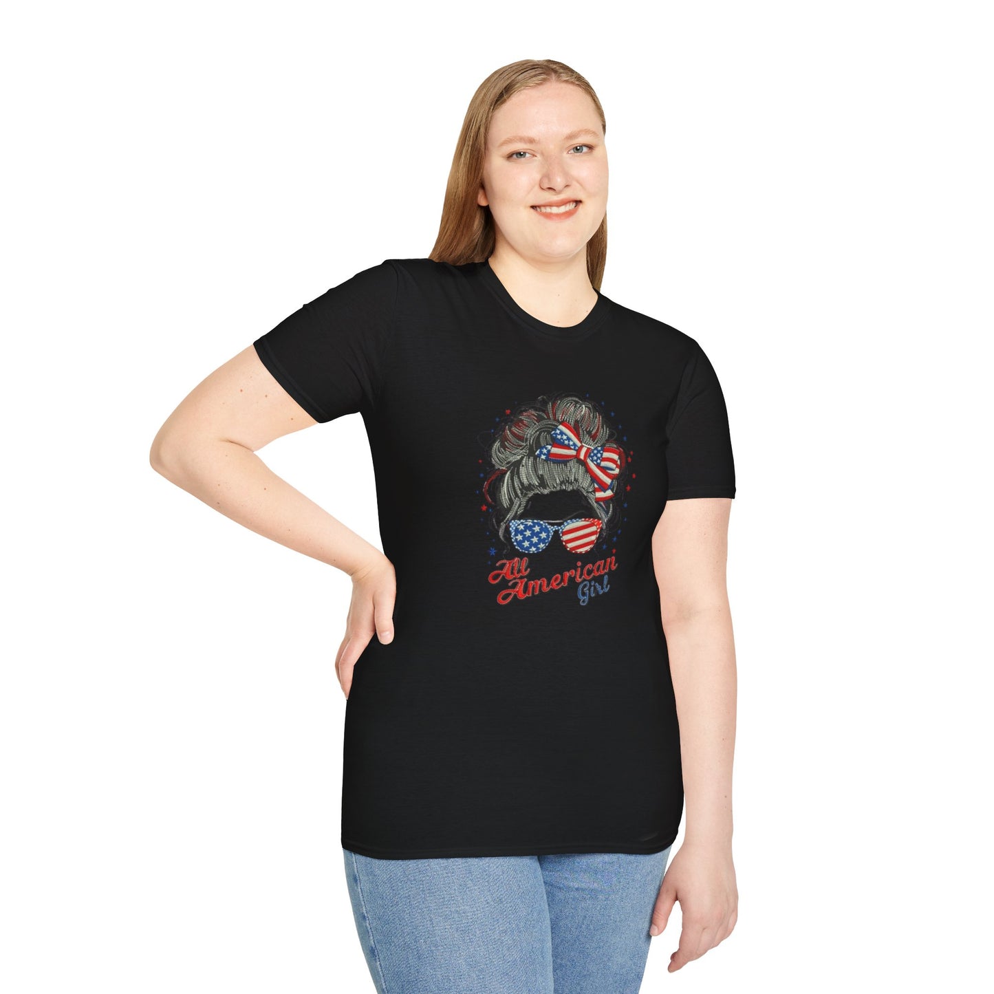 #250 "All American Girl" Patriotic Messy Bun T-Shirt