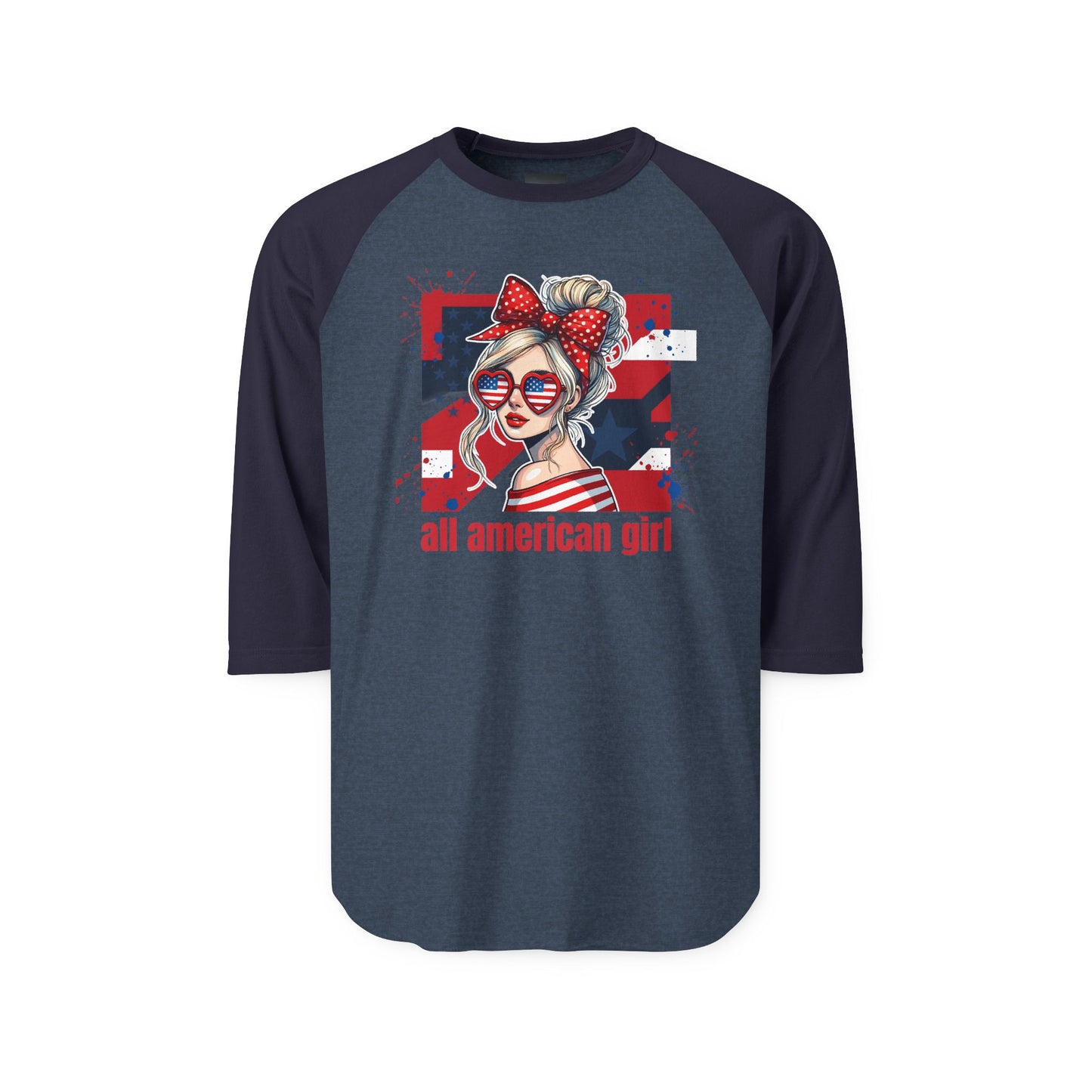 #250 All American Girl Patriotic Raglan 3/4 Sleeve Baseball Tee