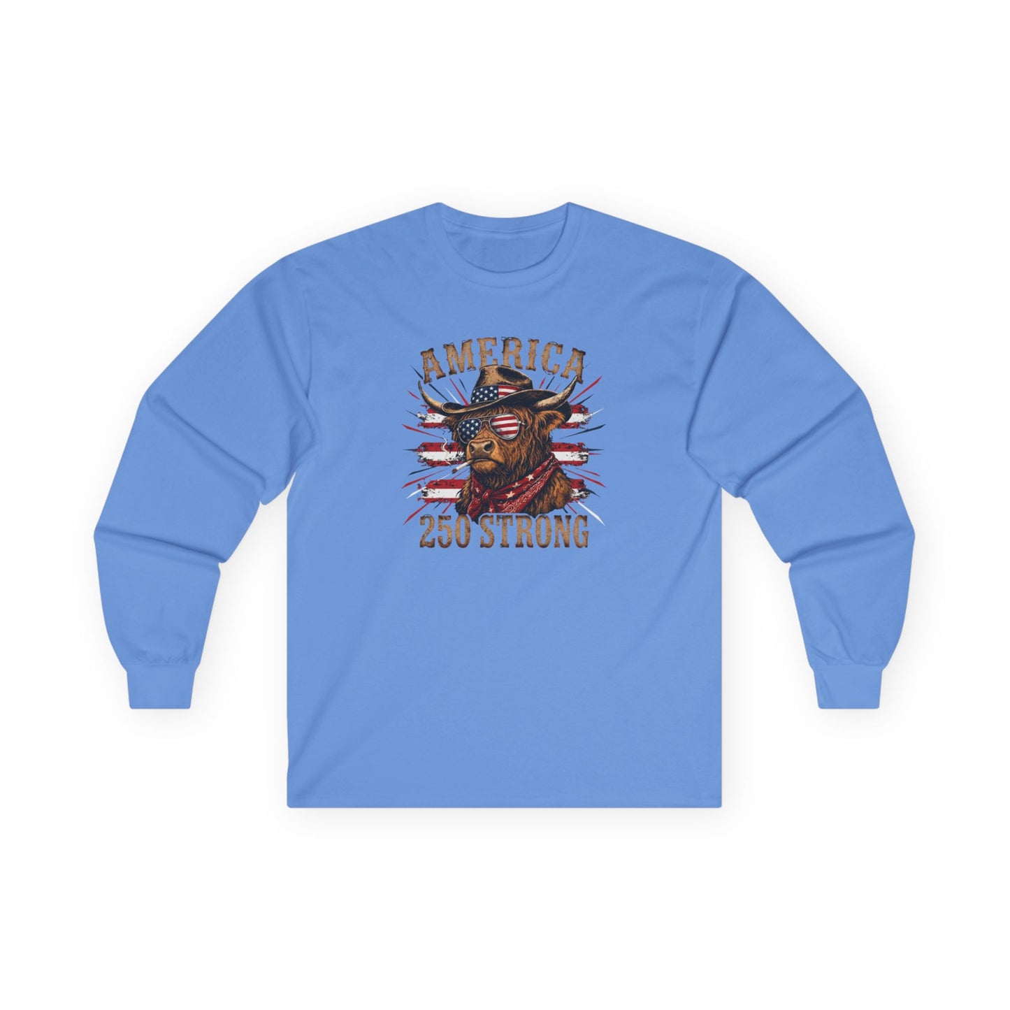 #250 America 250 Strong Patriotic Bull with American Flag Long Sleeve Tee