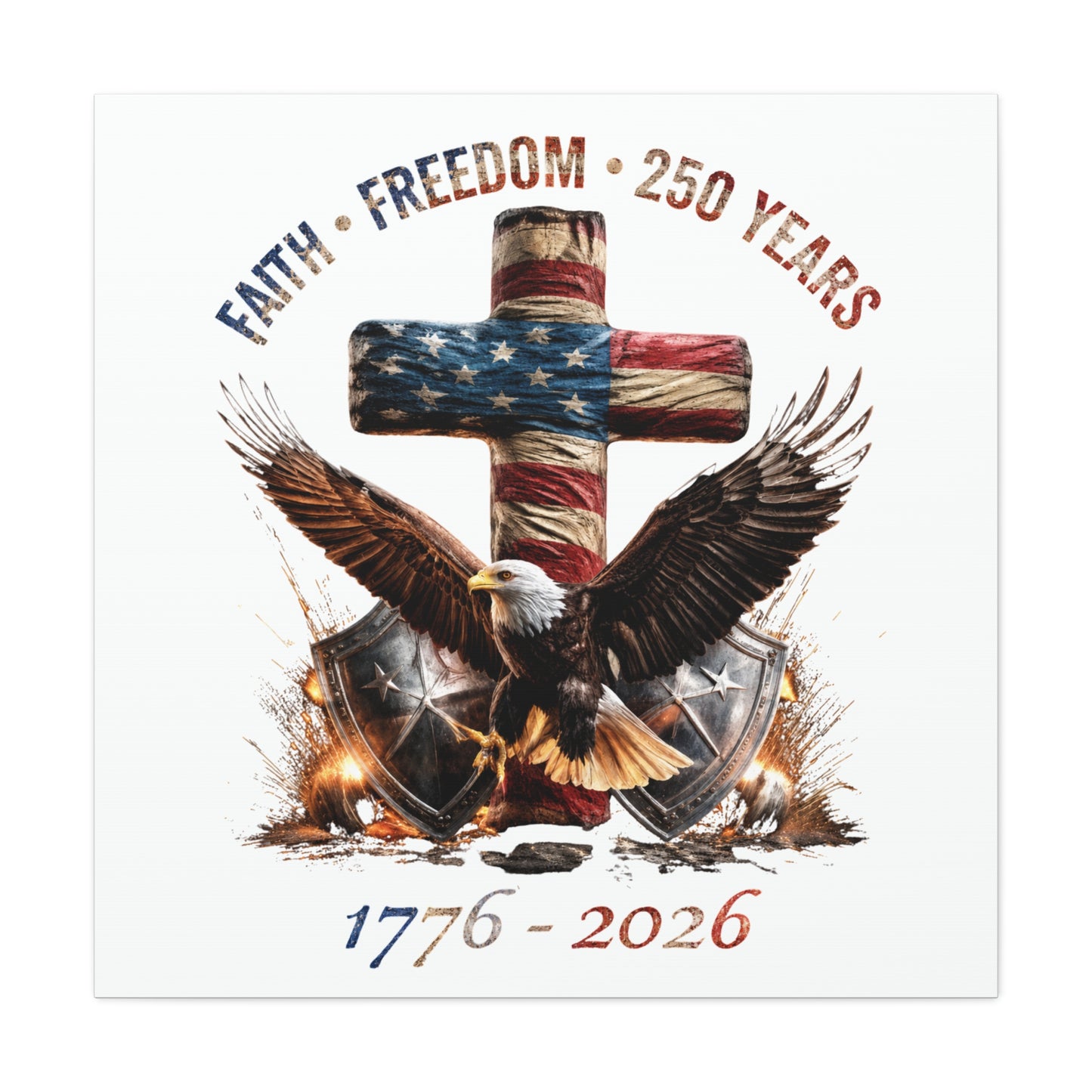 #250 Faith • Freedom 250 Years American Flag Cross & Eagle 1776-2026 Matte Canvas Wall Art