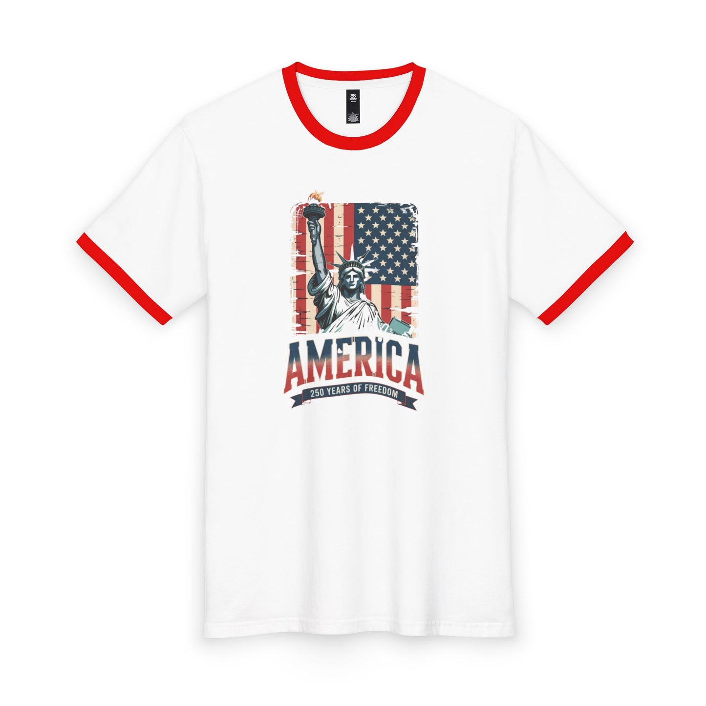 #250 Statue of Liberty American Flag 'America' Patriotic Independence Day Ringer Tee