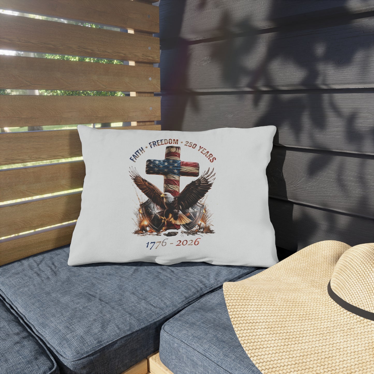 #250 Faith • Freedom 250 Years American Flag Cross & Eagle 1776-2026 Outdoor Throw Pillow