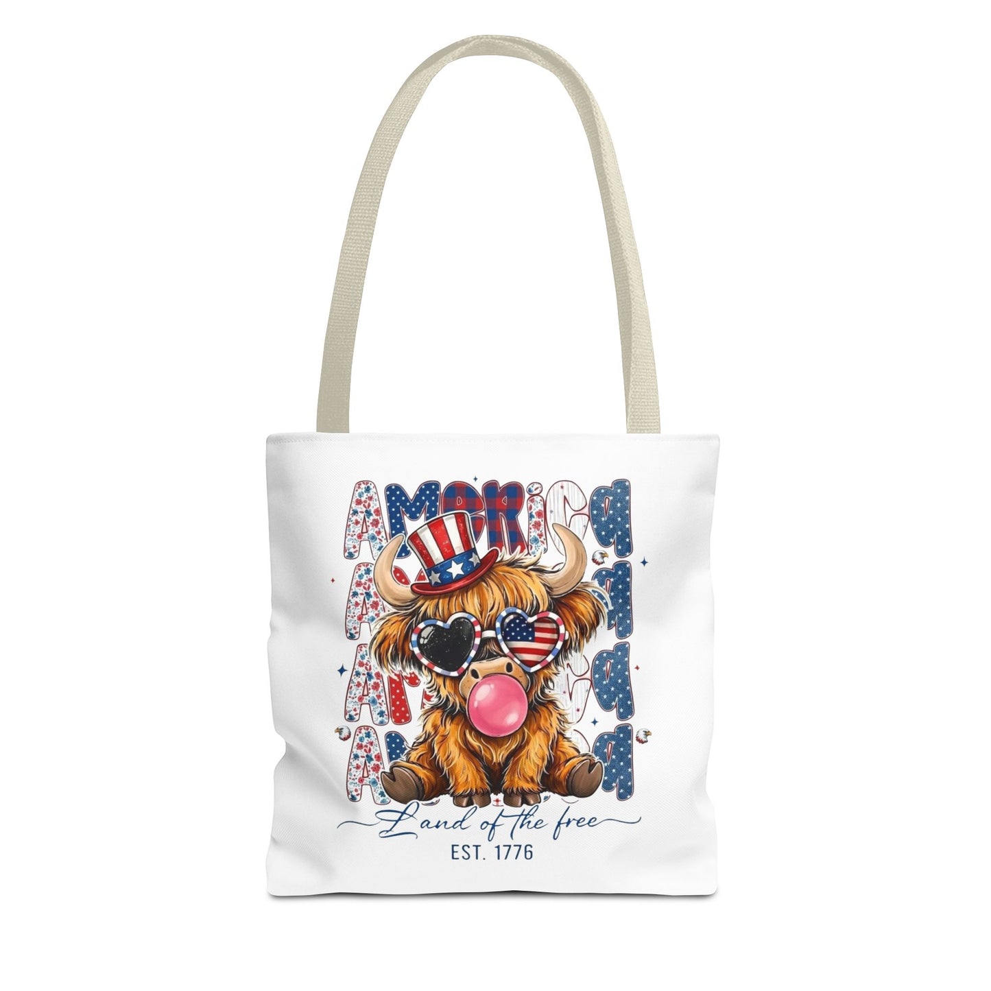 #250 American Flag Bubblegum Patriotic Highland Cow Tote Bag