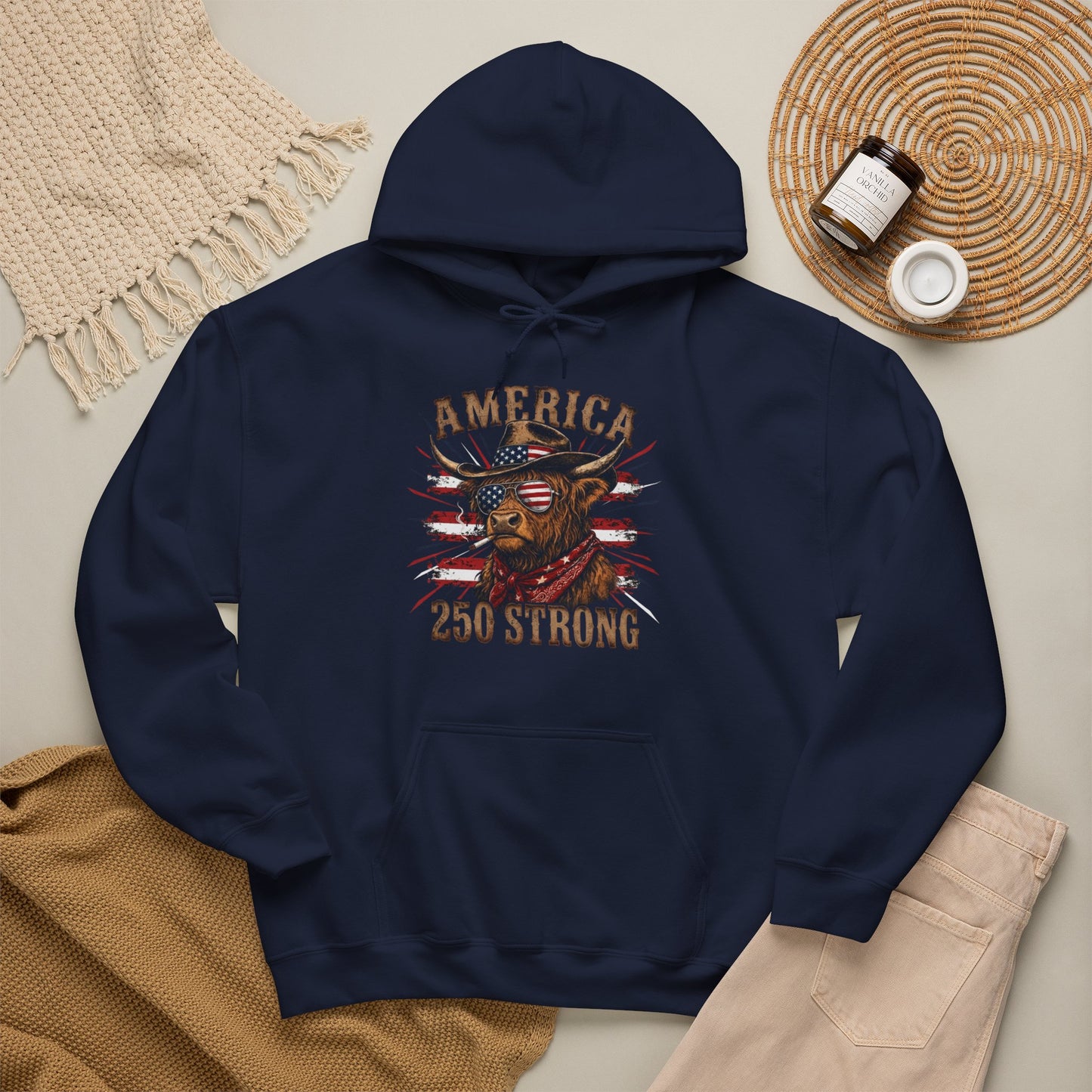#250 America 250 Strong Patriotic Bull with American Flag Hoodie