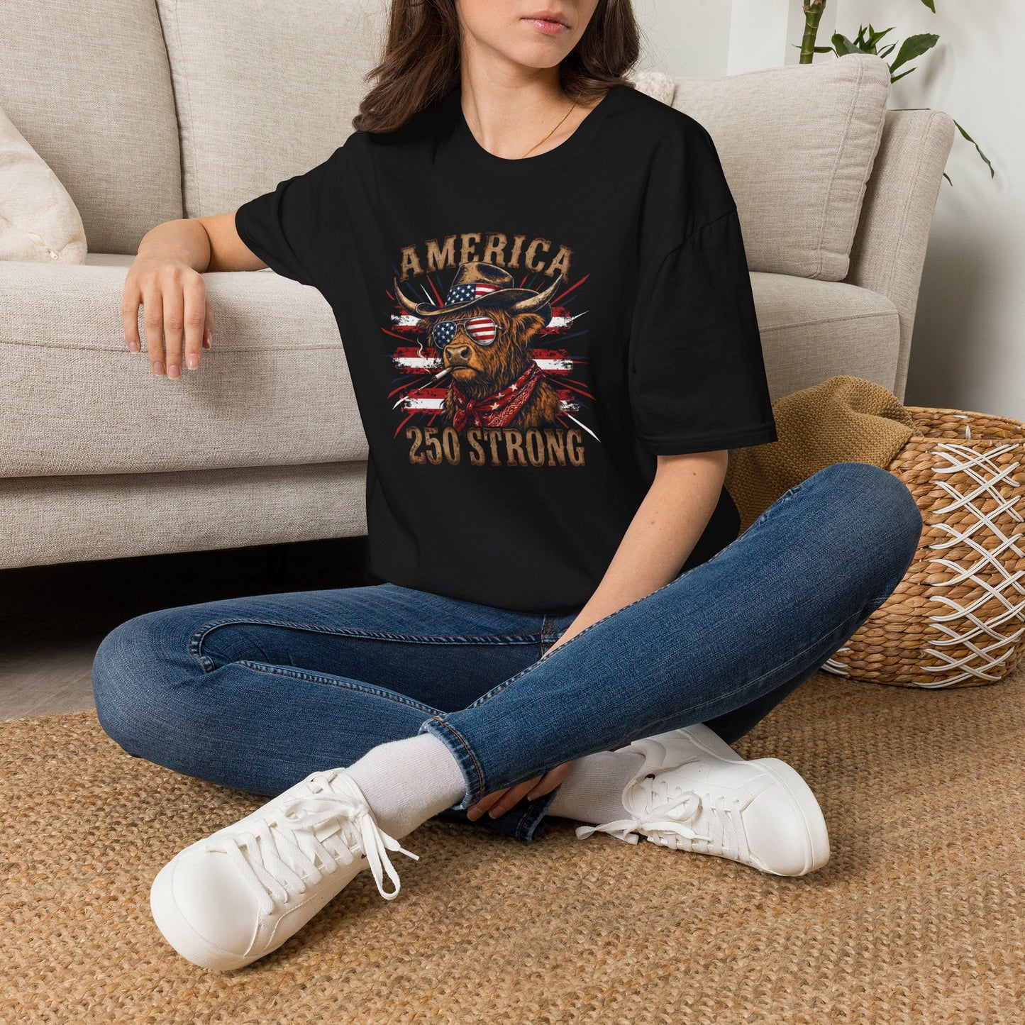 #250 America 250 Strong Patriotic Bull with American Flag T-Shirt
