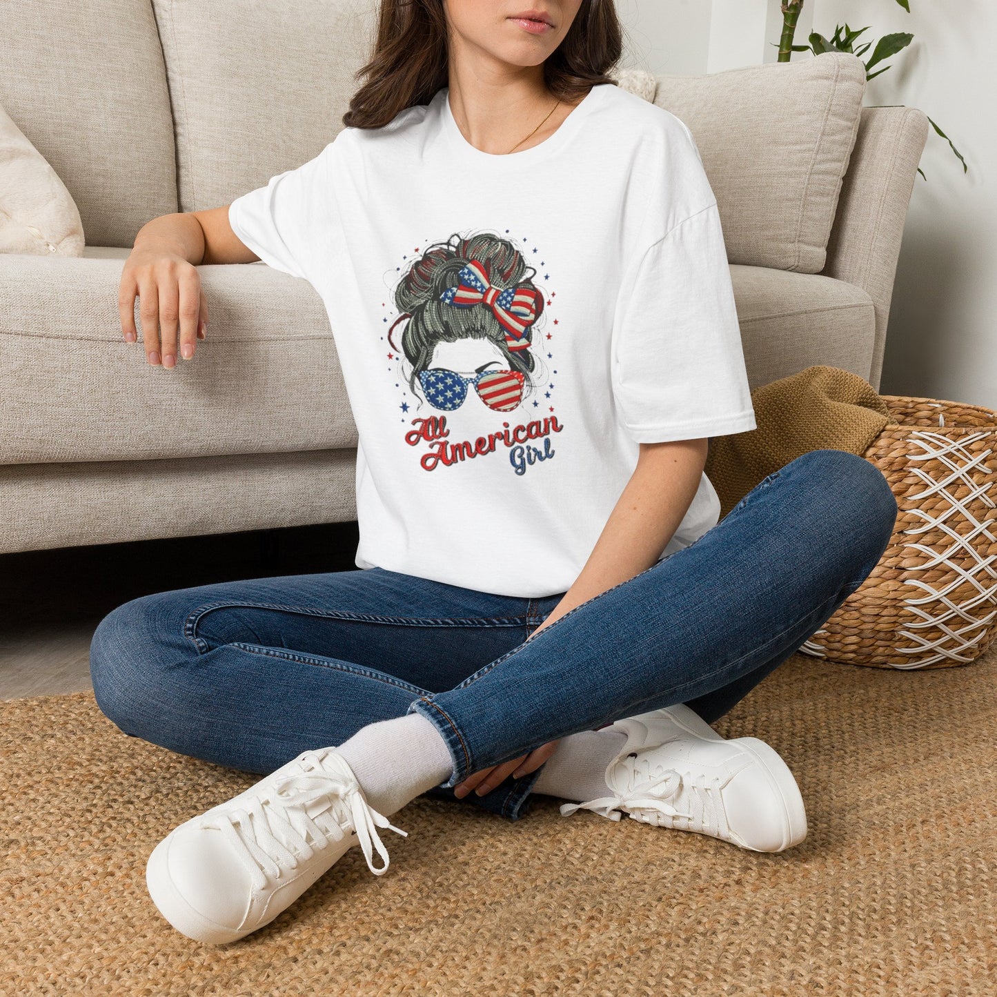 #250 "All American Girl" Patriotic Messy Bun T-Shirt