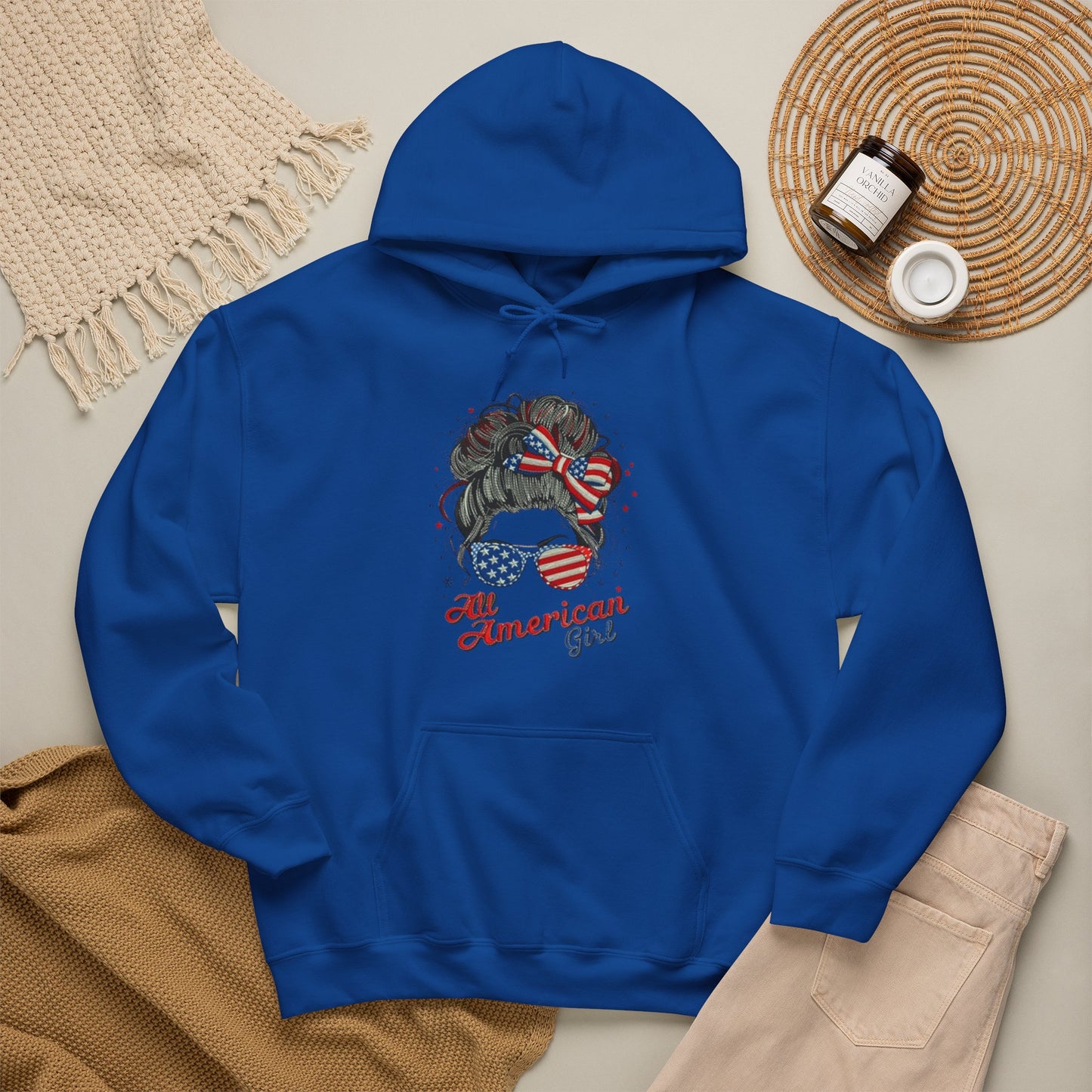 #250 "All American Girl" Patriotic Messy Bun Hoodie