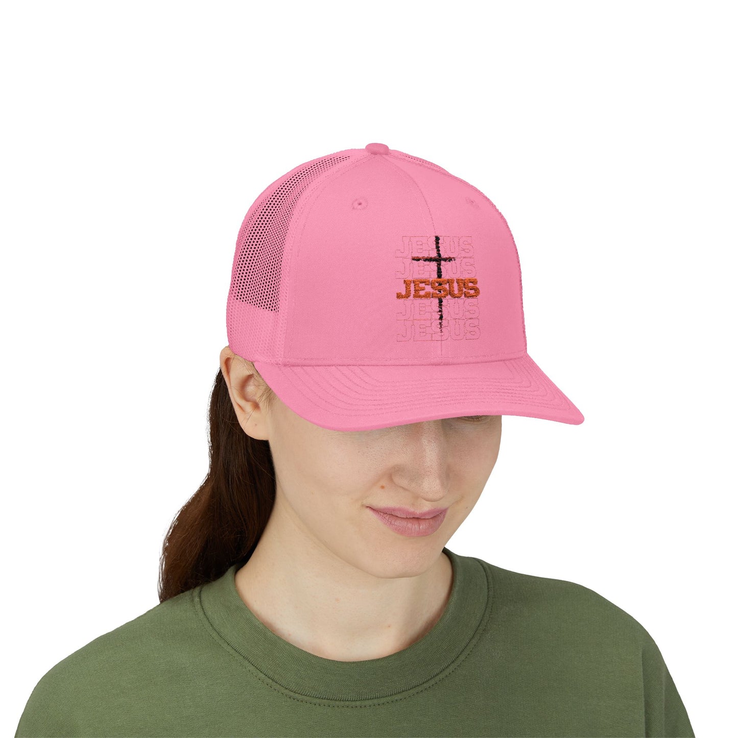 Jesus Cross Red Text Black Cross Graphic Trucker Cap — Faith-Based Snapback Hat