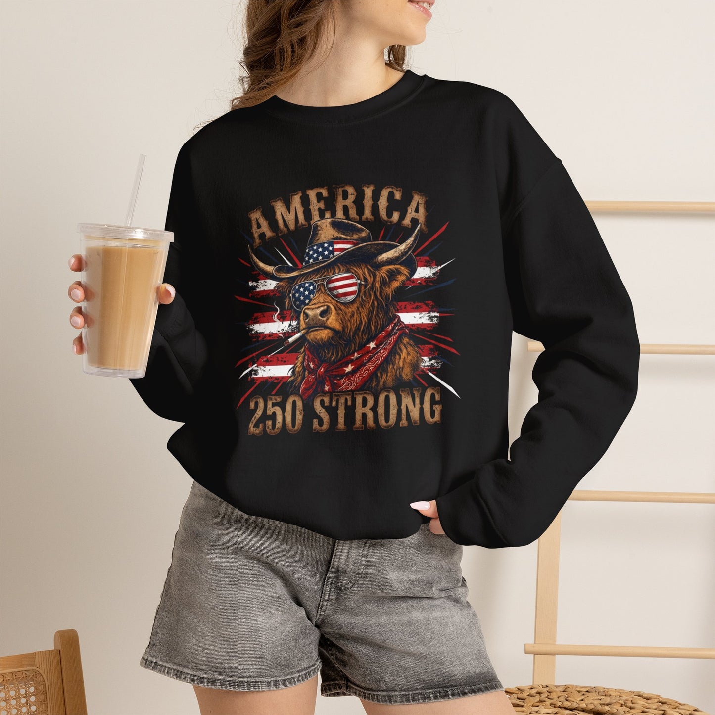 #250 America 250 Strong Patriotic Bull with American Flag Sweatshirt