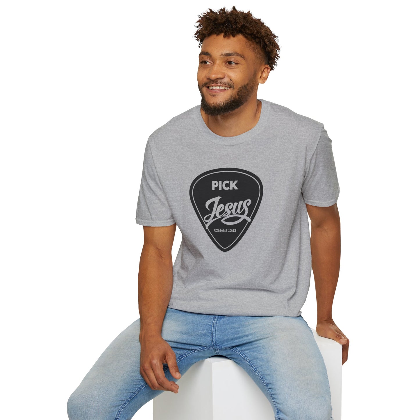 Pick Jesus T-Shirt — Christian Guitar Pick Design (Romans 10:13)