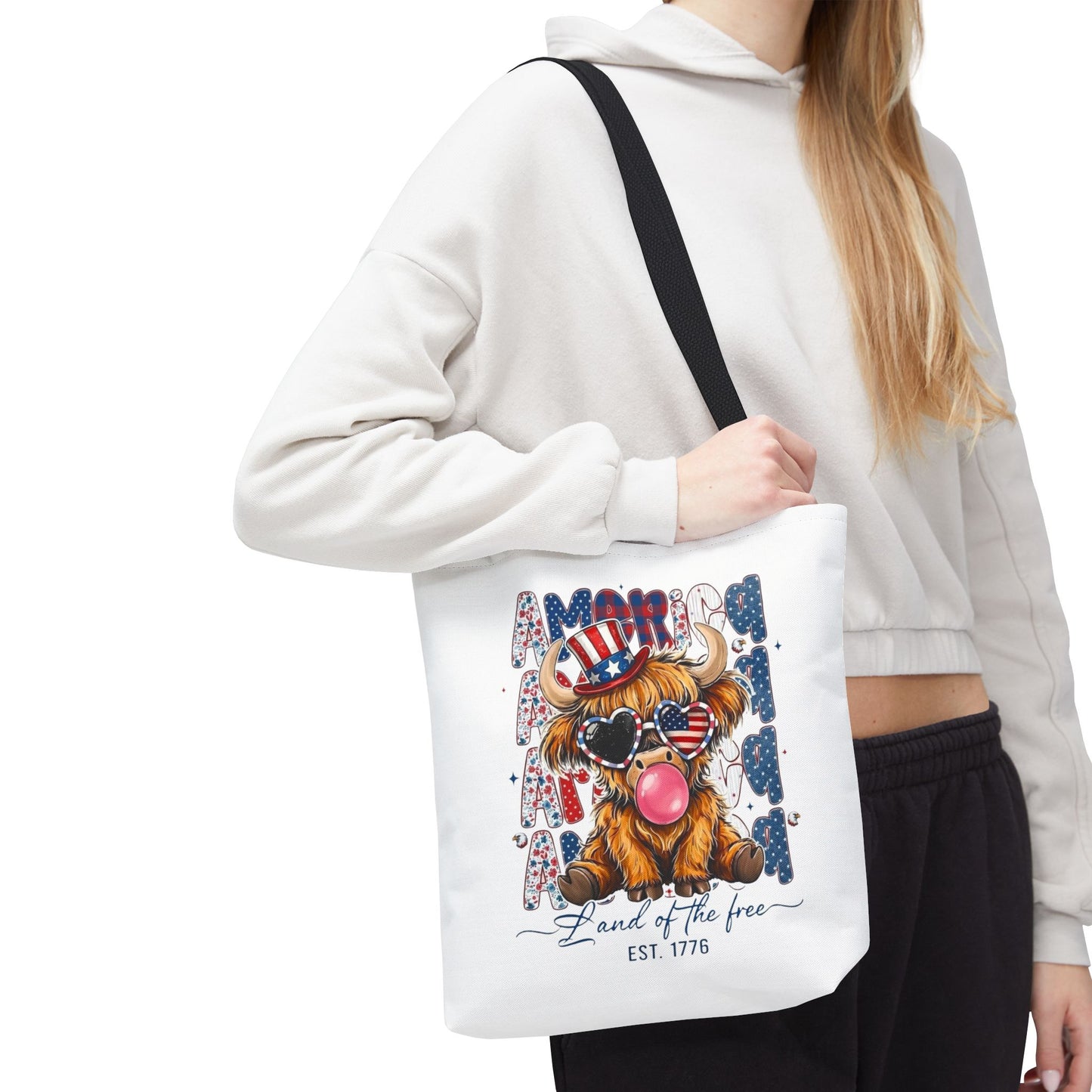 #250 American Flag Bubblegum Patriotic Highland Cow Tote Bag