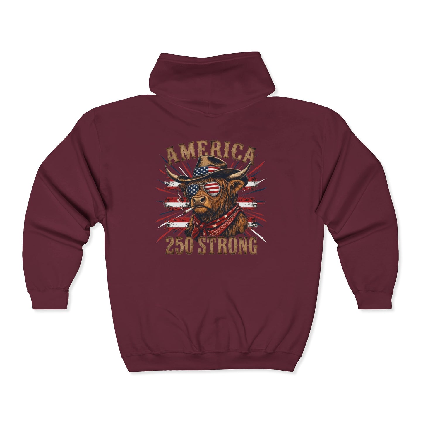#250 America 250 Strong Patriotic Bull with American Flag Zip Hoodie