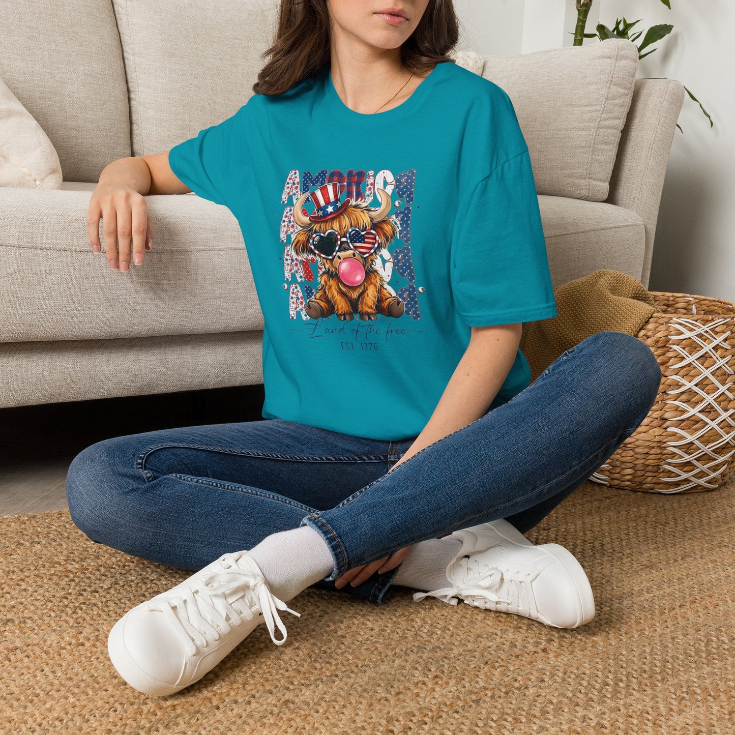#250 American Flag Bubblegum Patriotic Highland Cow T-Shirt