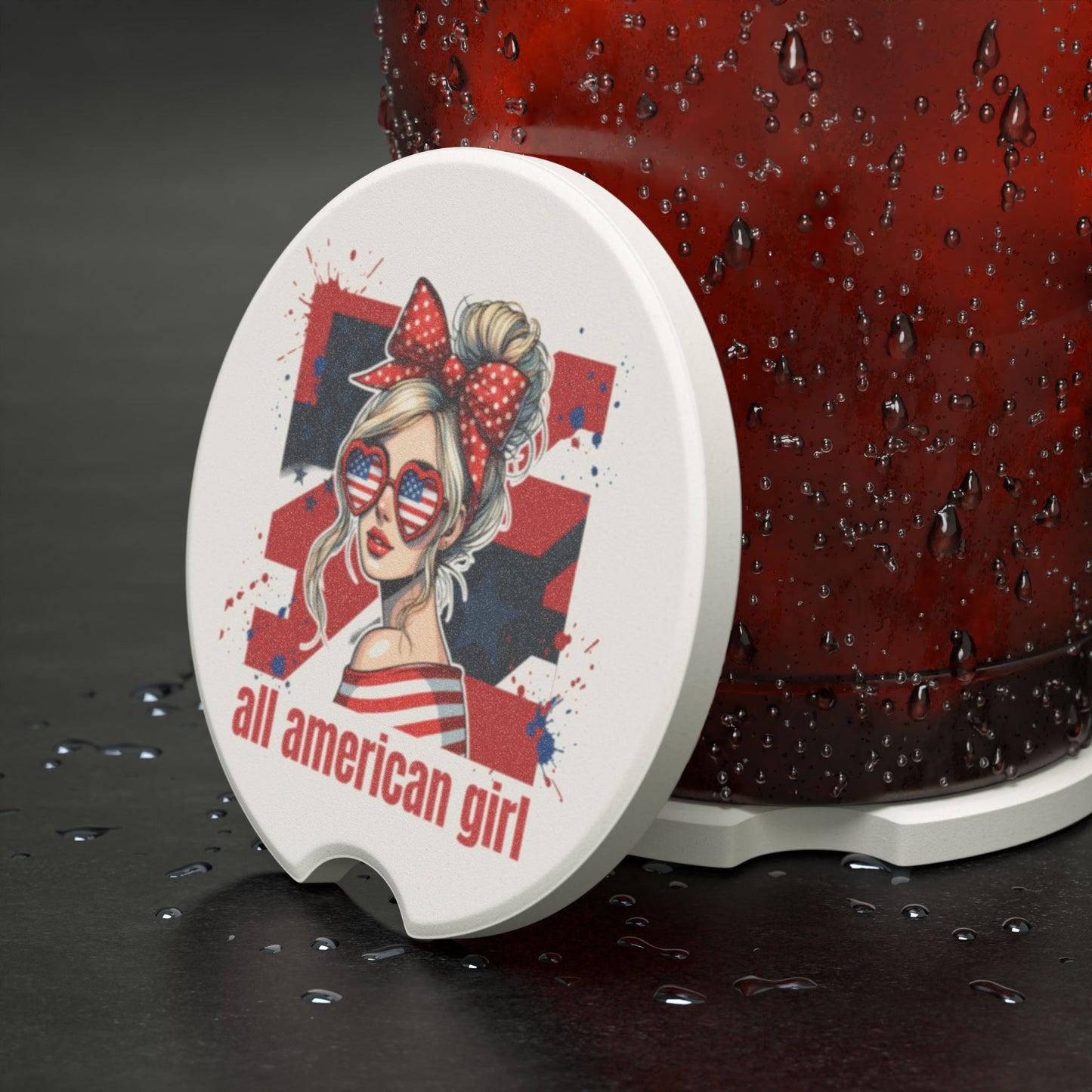 #250 All American Girl Patriotic Soapstone Car Coaster – Patriotic Independence Day Car Mug Holder