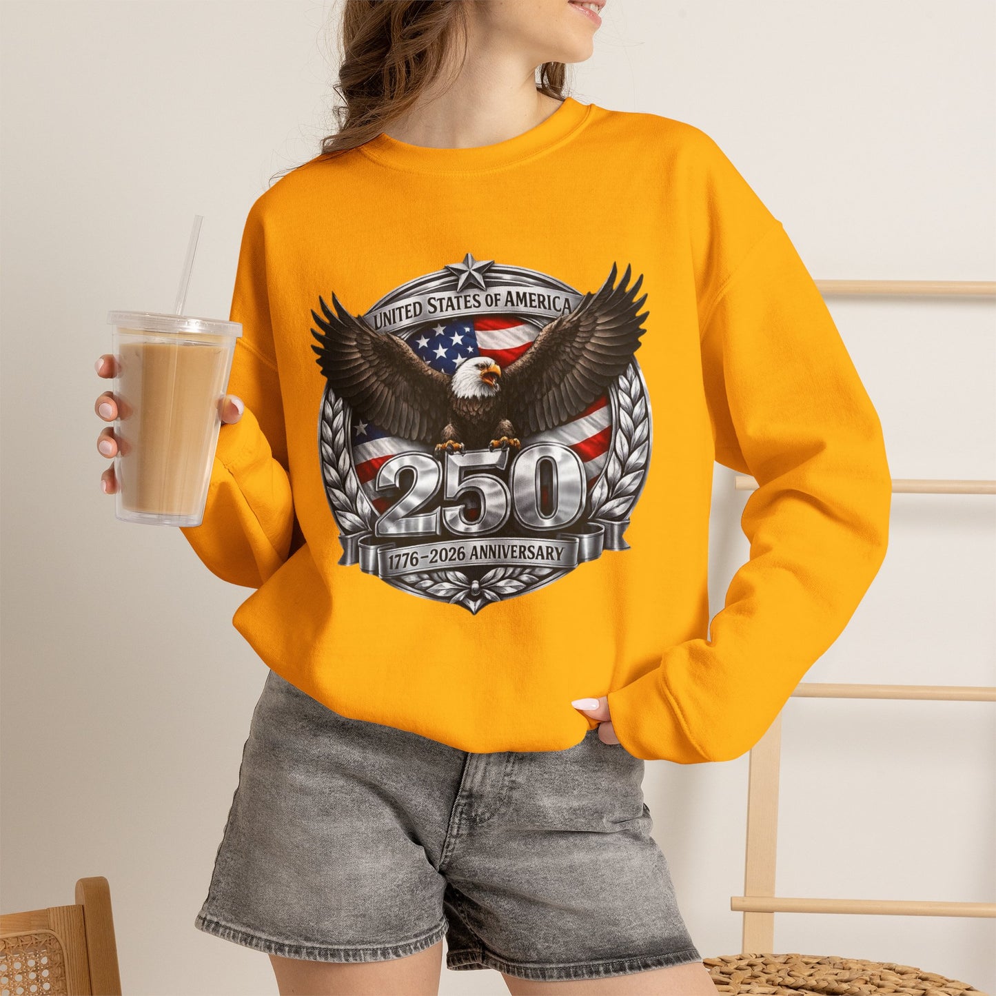 #250 Patriotic Bald Eagle 250 United States Emblem Crewneck Sweatshirt