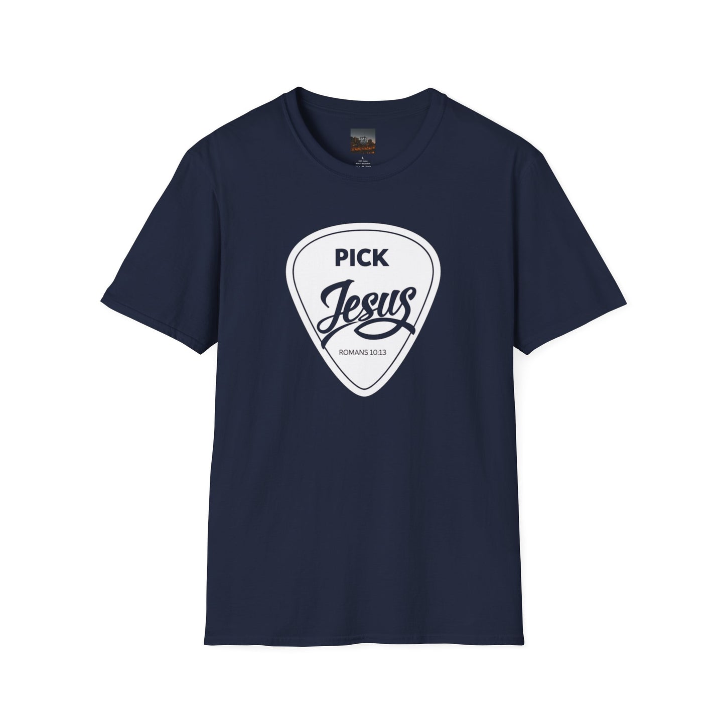 Pick Jesus T-Shirt — Christian Guitar Pick Design (Romans 10:13)